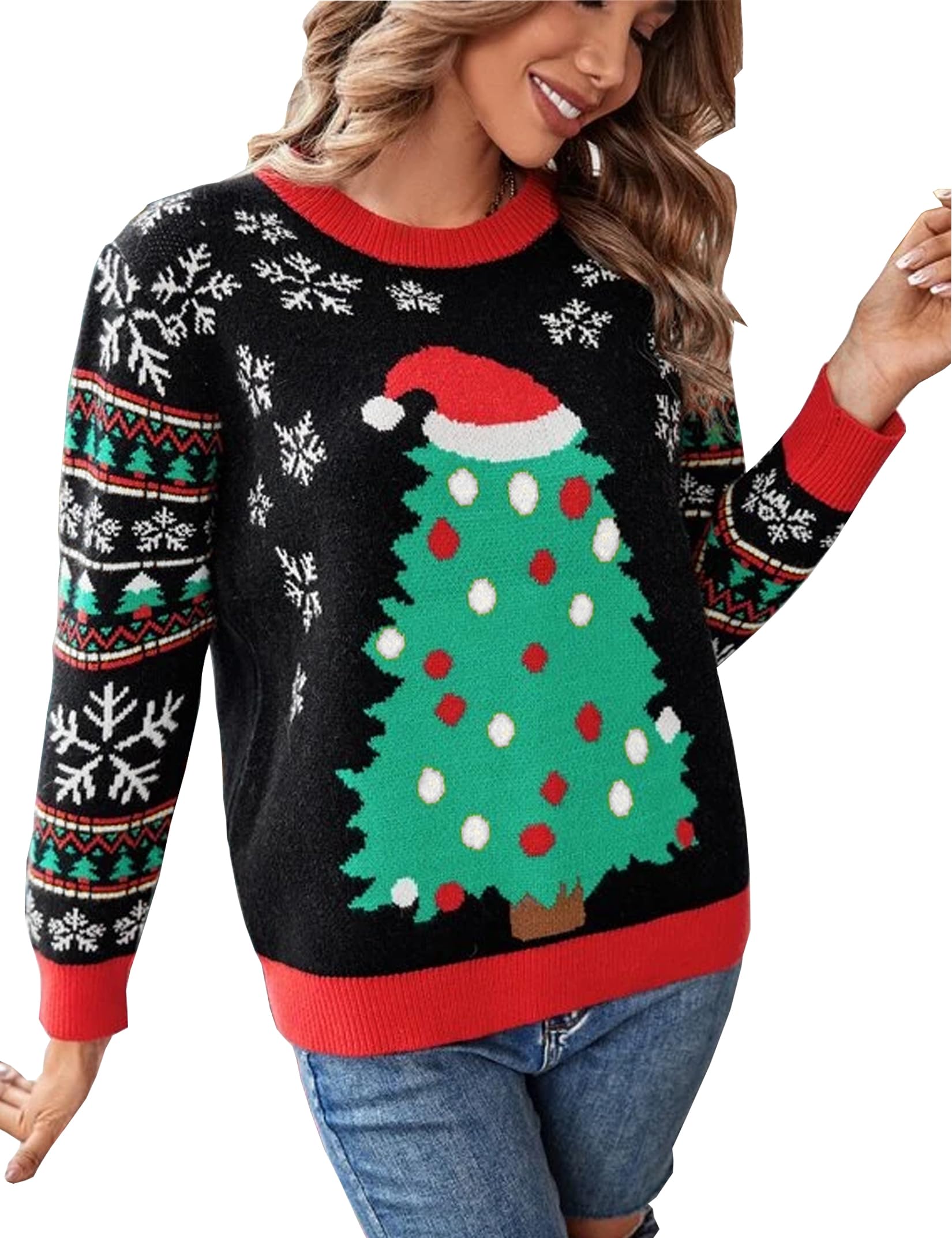 KOJOOIN Ugly Christmas Sweater Funny for Women 2024 Crew Neck Long Sleeve Reindeer Snowflakes Knitted Pullover Sweaters