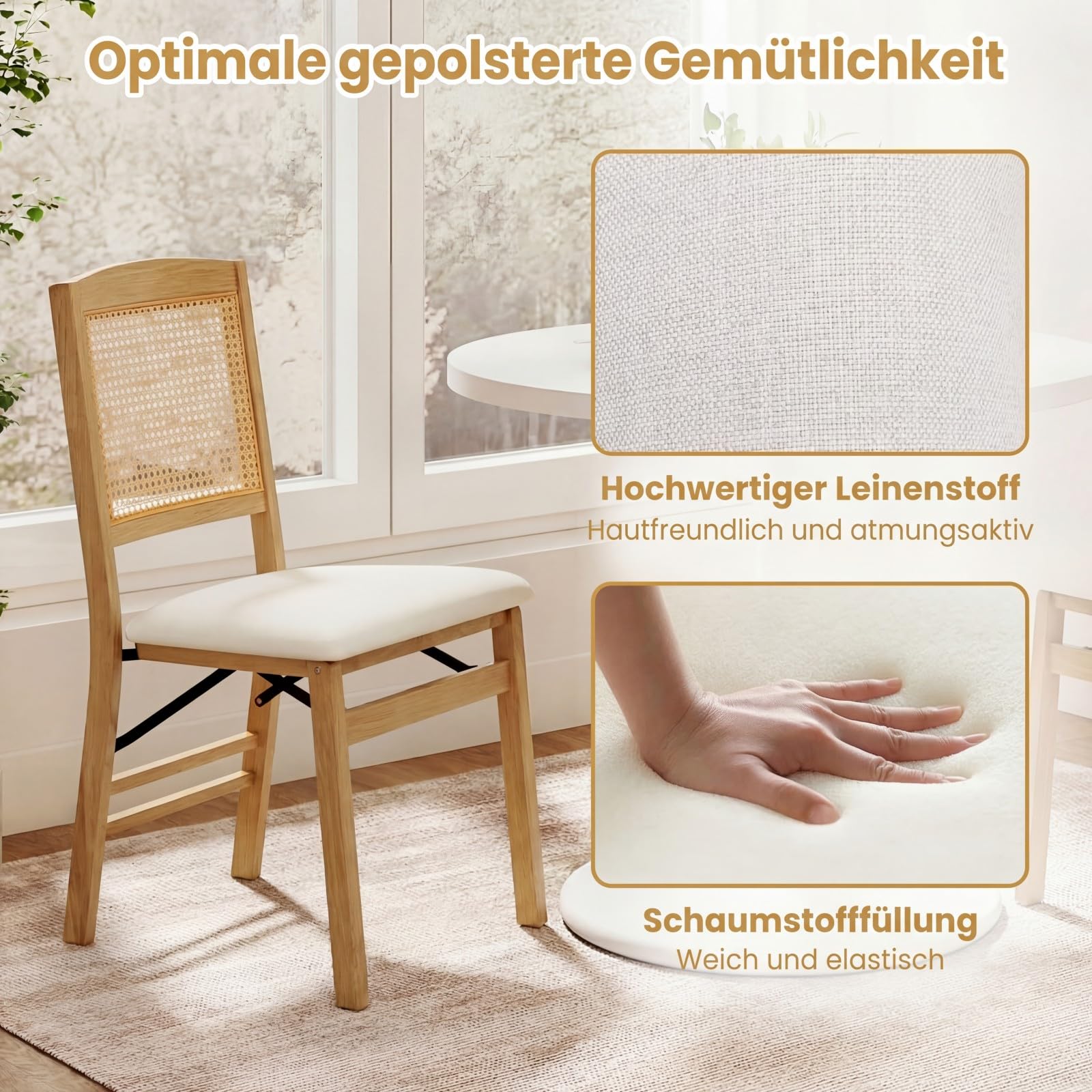 COSTWAY Klappstühle 2er Set, Rattan Esszimmerstühle mit gepolsterten Sitzen & Massivholzrahmen, Küchenstühle klappbar, armlose Polsterstühle bis 180 kg belastbar, für Esszimmer, Küche, Wohnzimmer