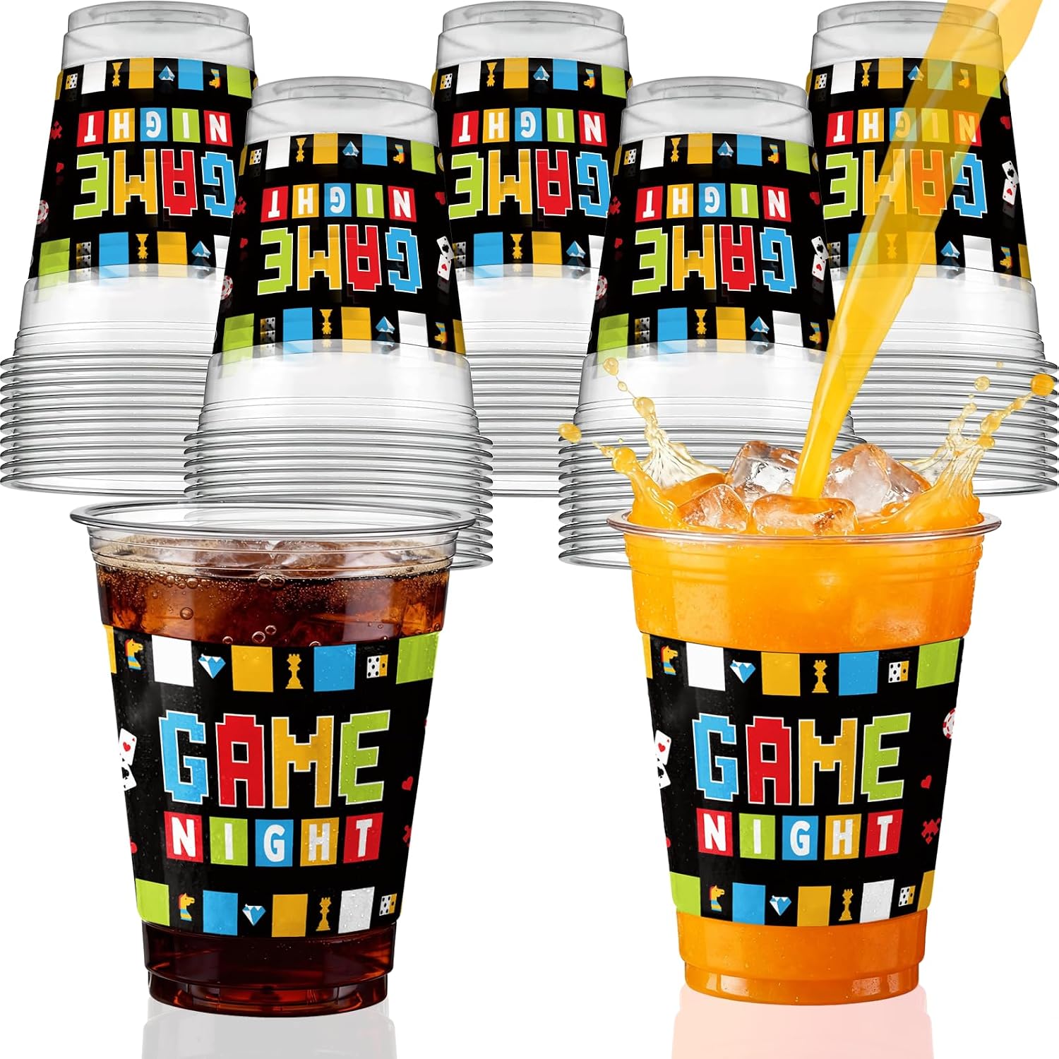 50 PCS Game Night Plastic Cups,12 OZ Clear Disposable Cold Hot Drinking Cups Beverage Water Container Gaming Night Themed Events Party Supplies