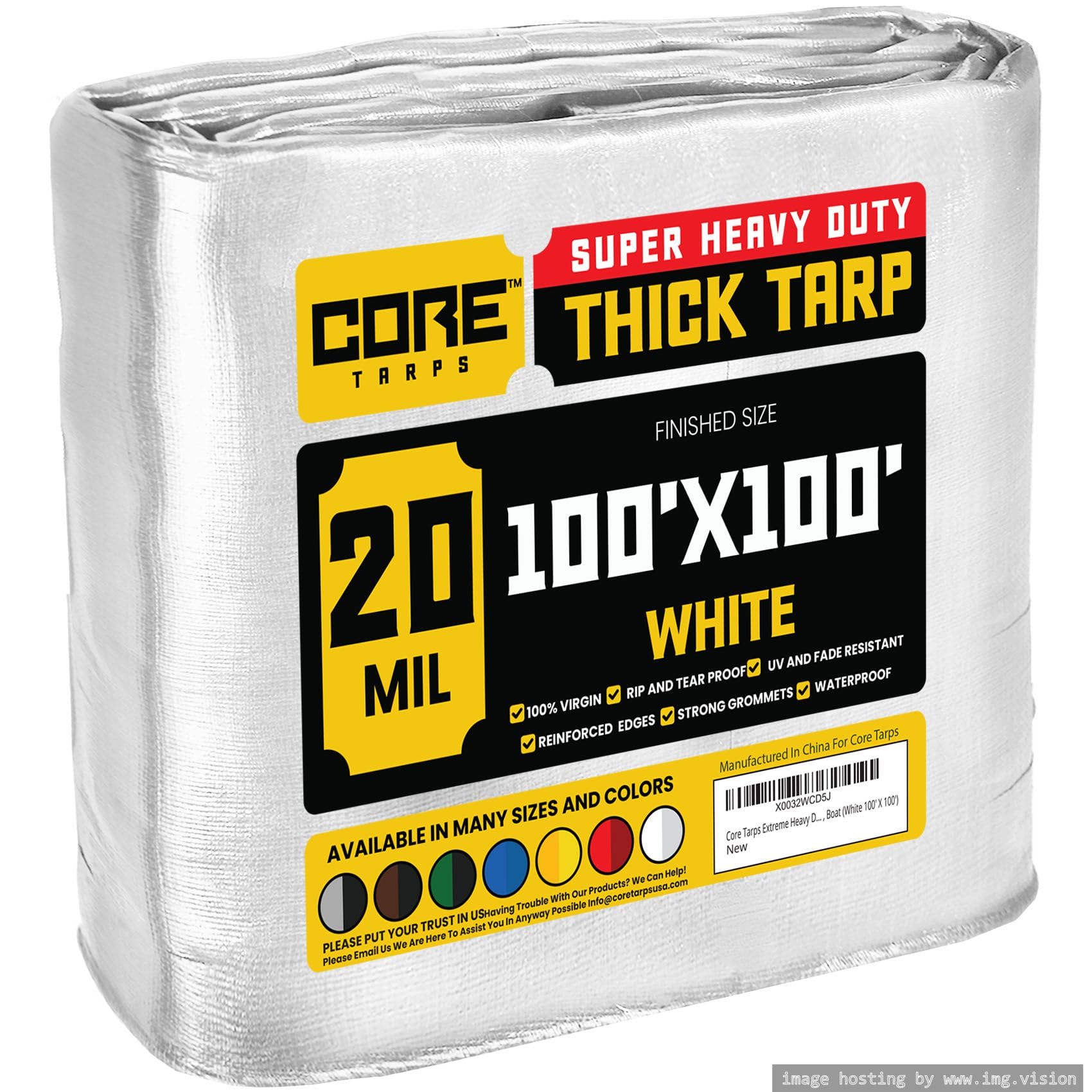 Core Tarps Extreme Heavy Duty 20 Mil Tarp Cover, Waterproof, UV Resistant, Rip and Tear Proof, Poly Tarpaulin with Reinforced Edges for Roof, Patio, Pool, Boat (White 100′ X 100′)