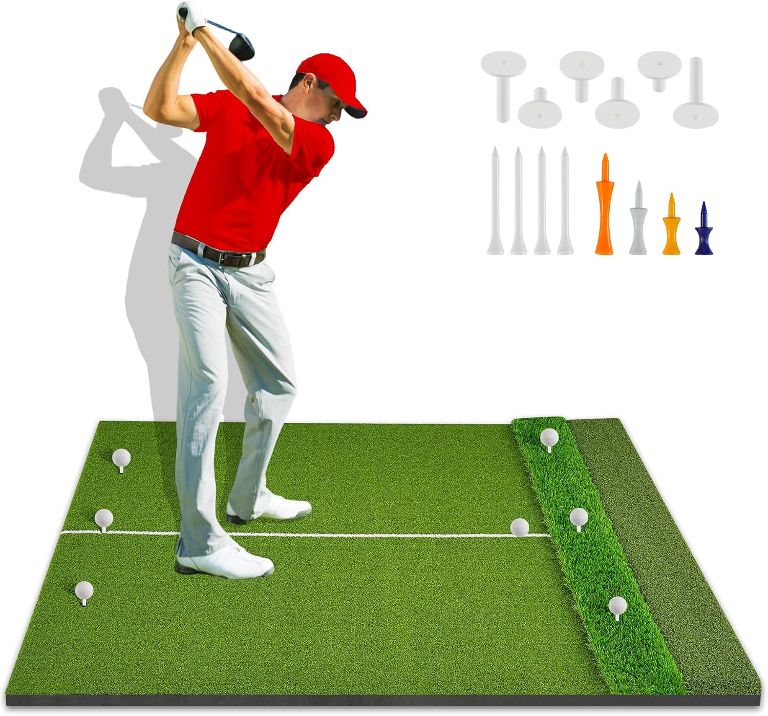 3-in-1 Golf Hitting Mat 5x4ft, Thick Golf Practice Mat with Alignment Line, Fairway/Rough/T-Turf Golf Training Mat, 14 Tees, Golf Mats Practice Indoor Outdoor for Hitting Driving Swing Chipping