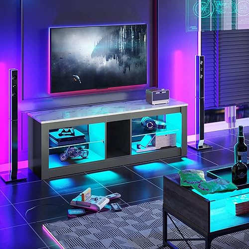 Miniatura 5 de Bestier Soporte de TV de mármol blanco, centro de entretenimiento LED, soporte de TV para juegos de 55 pulgadas, soporte de televisión RGB con 2