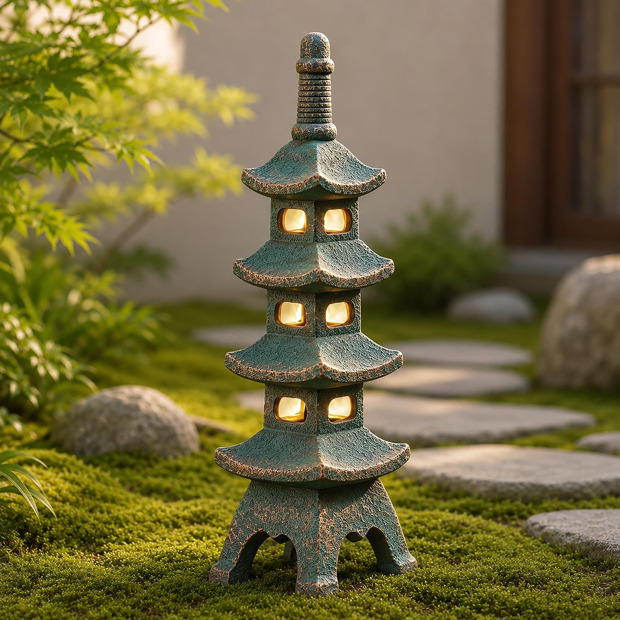 Nacome Statues de jardin de pagode solaire : 40 cm en résine imperméable multi-couches pour extérieur, décoration zen pour paysage, balcon, terrasse, porche, cour (bronze)