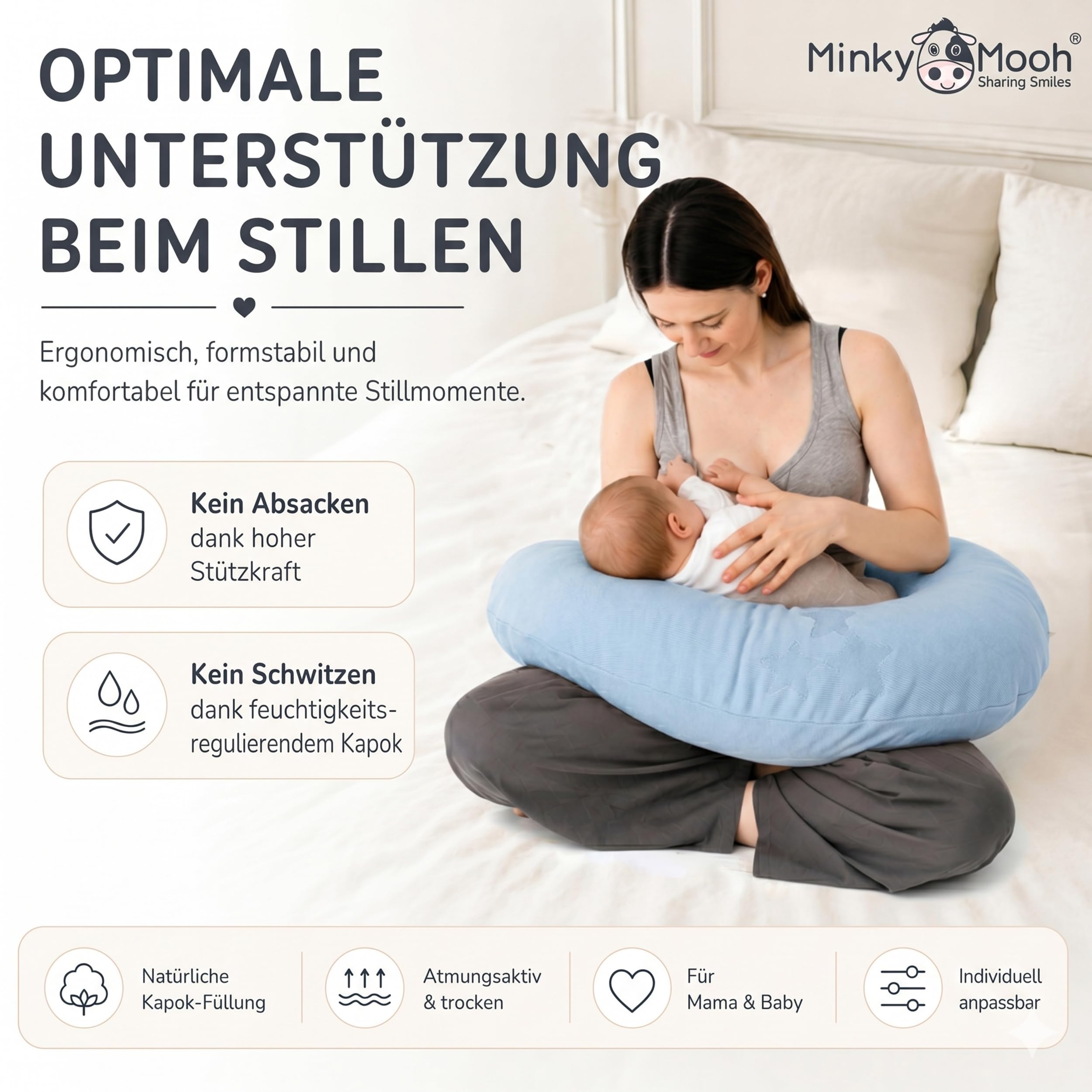 Twoja poduszka do karmienia – 100% naturalna poduszka do karmienia z poszewką z bawełny ekologicznej i wypełnieniem z kapoku. Idealna jako poduszka do leżenia w czasie ciąży lub dla osób śpiących na boku (niebieska)