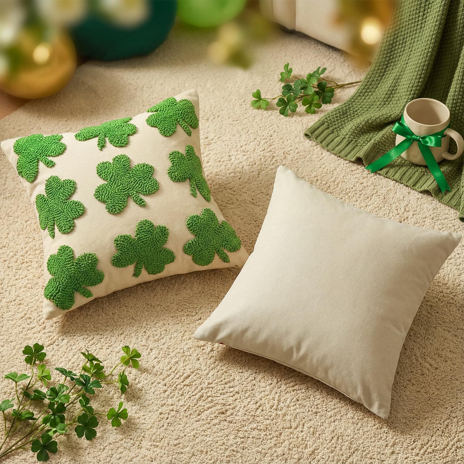 AVOIN colorlife St Patricks Day Shamrock Throw Pillow Covers Set of 2, 18 x 18 Inch Loop Pile Lucky Clover Decoration Sage Green Spring Soft Plush Pillow Case for Bedroom Sofa Couch - Image 6