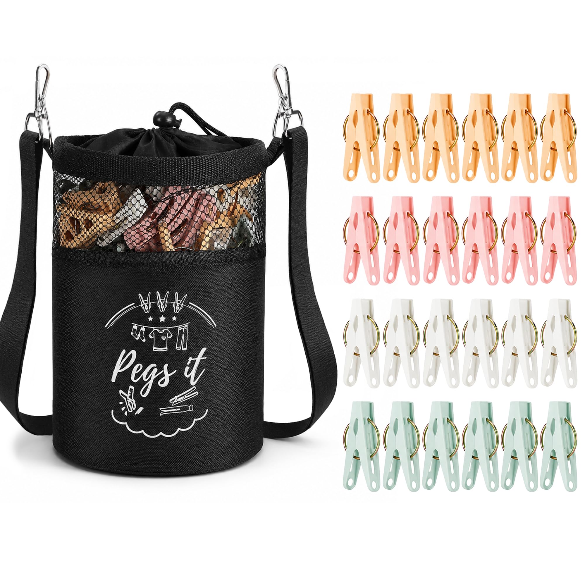 pupuluck Peg Bag for Washing Line with 48PCS SureGrip Pegs, Waterproof Oxford Peg Bag with Shoulder Strap, Strong & Durable Windproof Plastic Clothes Pegs for Indoor Outdoor Laundry