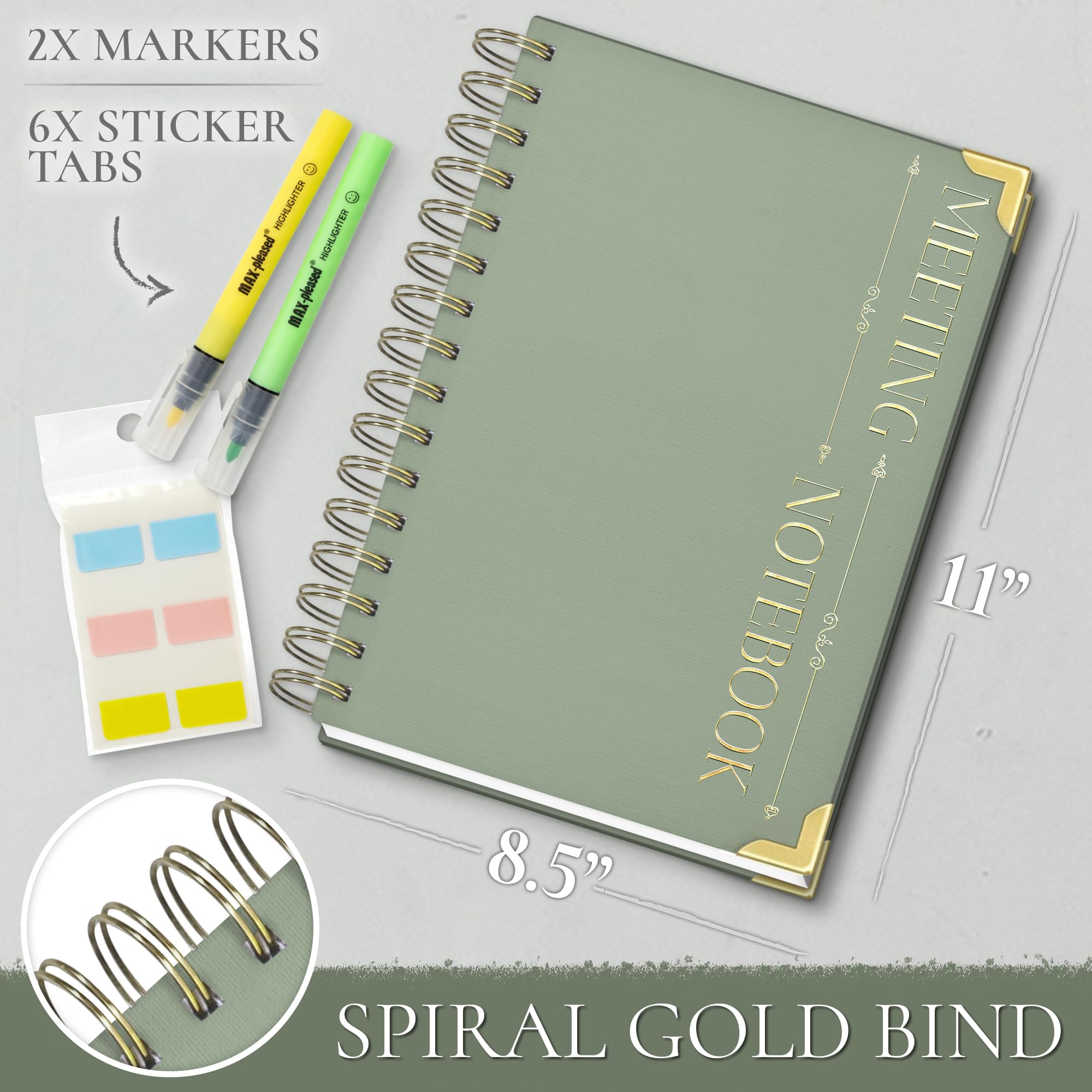 Quaderno per riunioni, include due evidenziatori, giallo, verde per prendere appunti più facili, quaderno per riunioni, include anche linguette adesive, blocco note per lavoro, + 100 pagine [formato