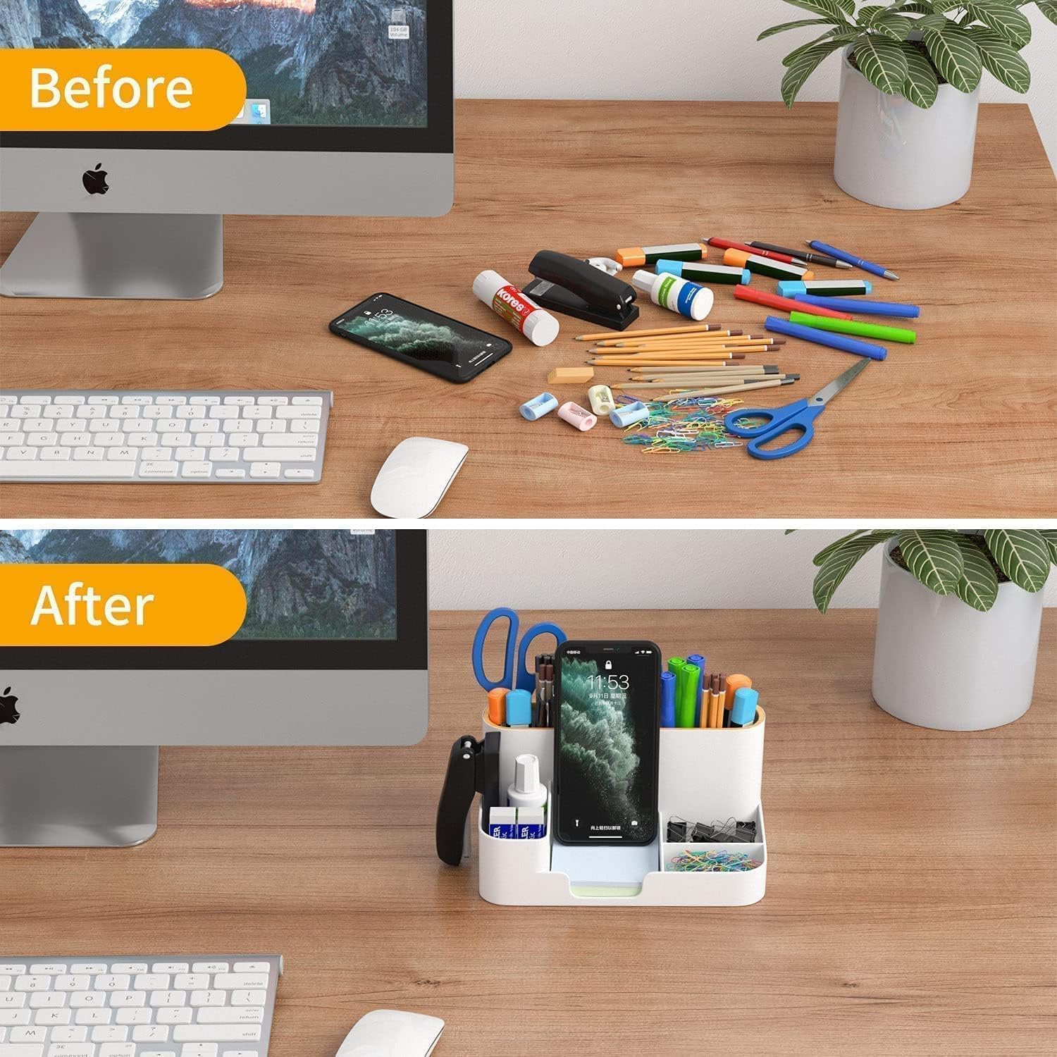 Desk Organizer Stationary Storage Holders Pen-Pencil, Mobile, Remote, Sticky Note, visiting card, Paperclip stand Multi-Functional Study Table Desk Accessories Stand for Home/Office - White