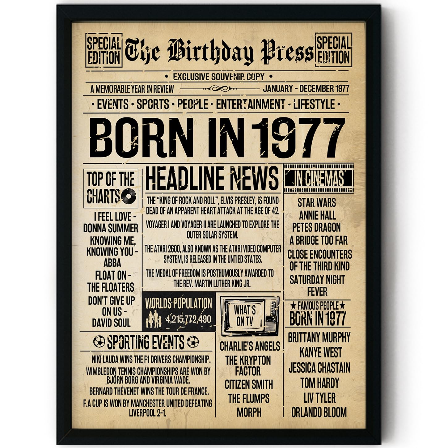 Stuff4 Women's 1977 49Th Birthday Poster Framed - Born In Vintage Newspaper - Happy 49Th Birthday Gifts For Men Retro Back In 8X10 Inch Decor Decoration Bday Party