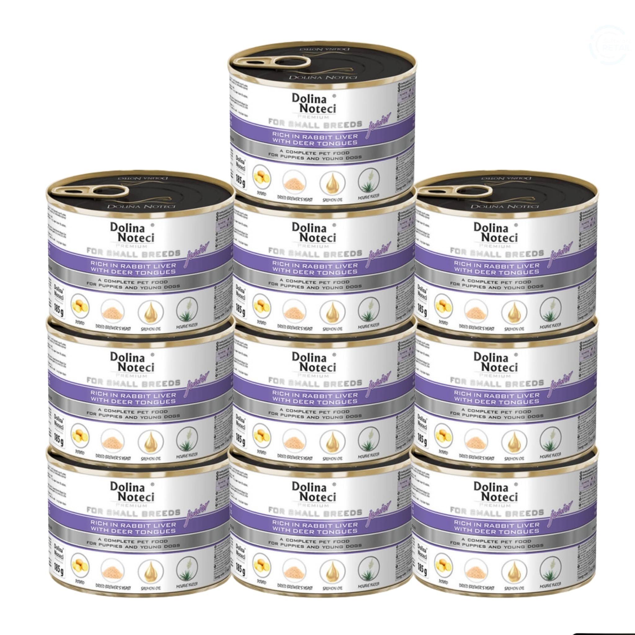 Dolina Noteci Premium Puppy Food for Small Breeds - Rabbit Liver & Deer Tongues - Complete Wet Dog Food - Grain-Free Natural Recipe - 10x 185g Cans - Hypoallergenic