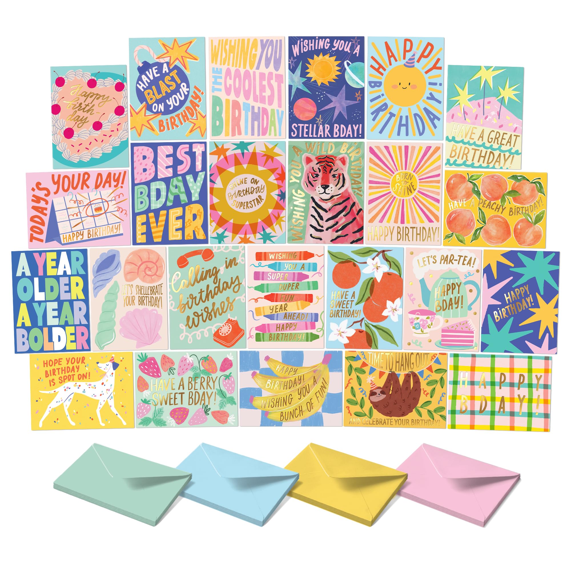 Sweetzer & Orange Happy Birthday Cards with Envelopes & Assortment Box. Variety Set of 24 Assorted Birthday Cards with Envelopes, Perfect Bulk Pack