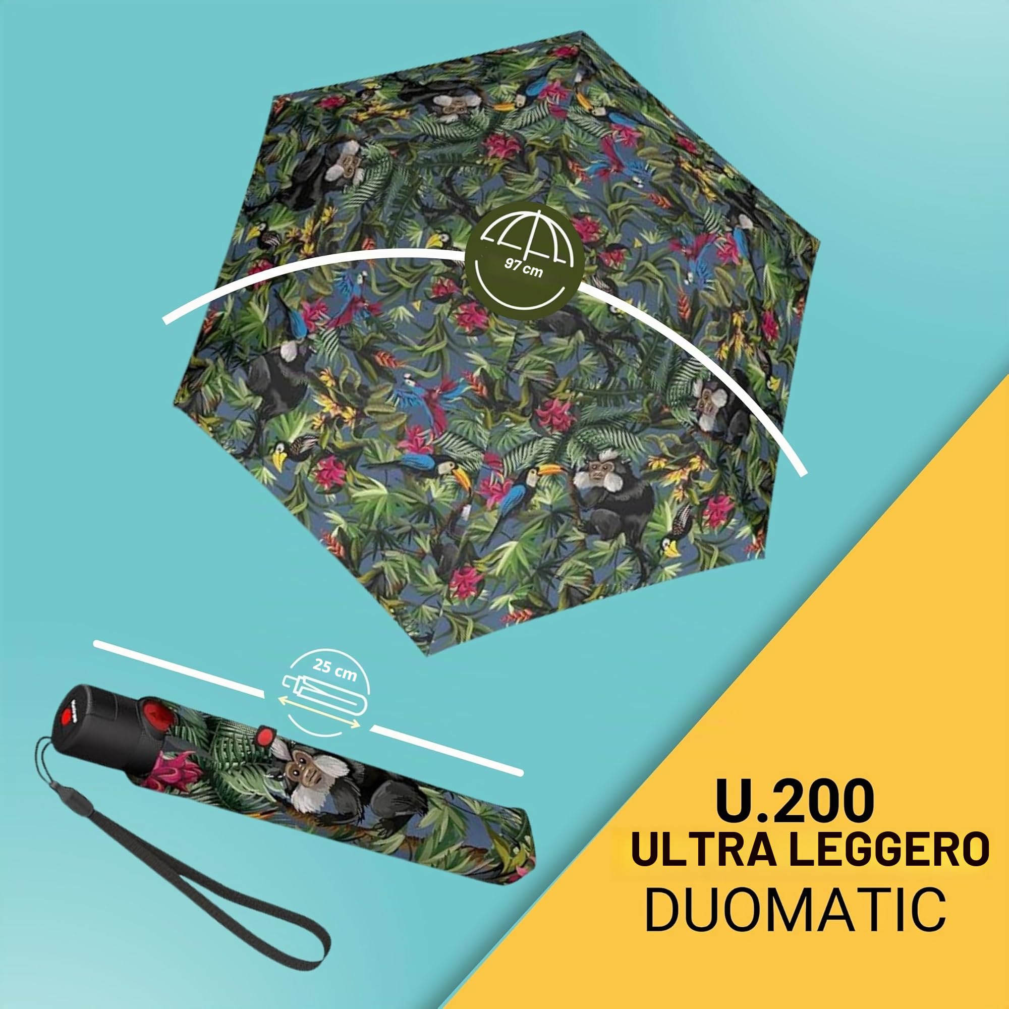 Knirps U.200 Ombrello antipioggia ultra leggero Duomatic con apertura automatica, compatto, antivento, da viaggio, per adulti, diametro 97 cm, retrattile, con custodia per il trasporto