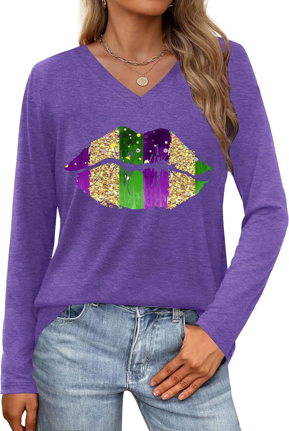 Mardi Gras Shirts Women: Fat Tuesday Shirt Carnival Mask Graphic Tee New Orleans Party Long Sleeve V Neck Top