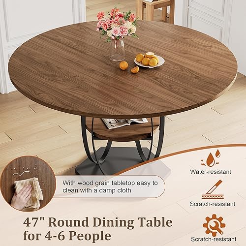 Miniatura 6 de Mesa de comedor redonda de 47 pulgadas para 4-6 personas, mesa de madera moderna con base de pedestal de metal resistente, fácil montaje, mesa de