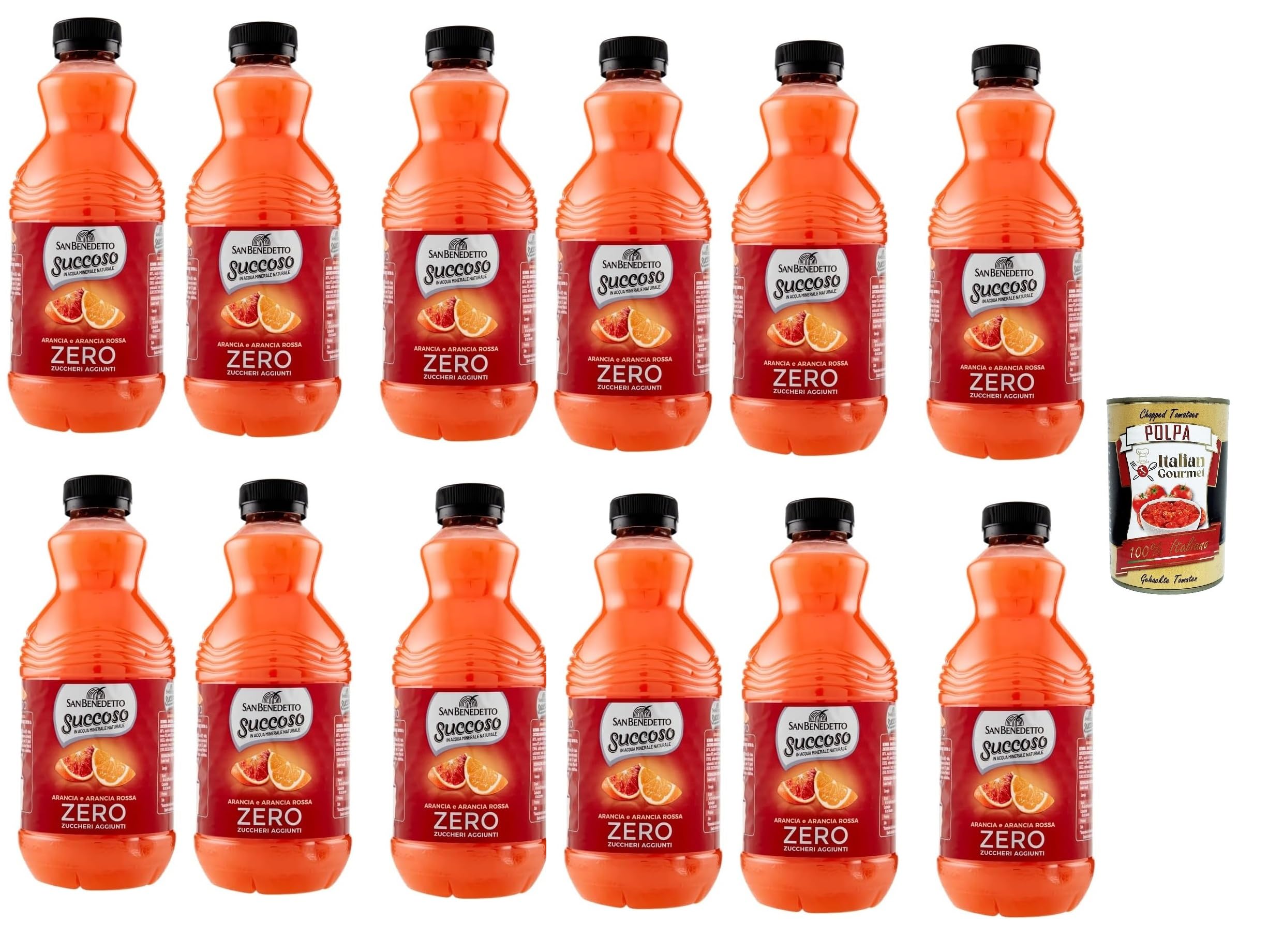 San Benedetto Succoso Zero Arancia e Arancia Rossa PET 12 x 90 cl, naranja PET y naranja sanguina sin azúcar, zumo de fruta sin azúcar, jugo de azúcar naranja + Polpa italiana gourmet 400 g