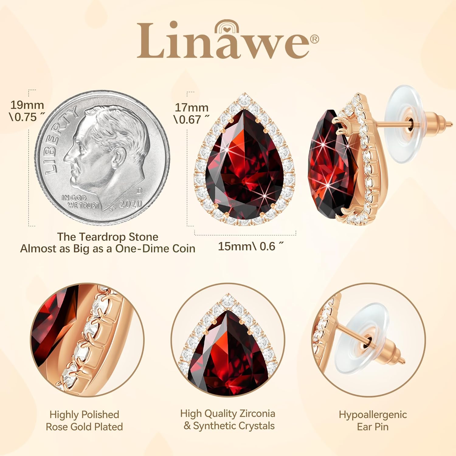 Linawe Women Stud Earrings, Teardrop Diamond Moissanite Cubic Zirconia Earrings Studs Rhinestone Jewelry Gold/Silver/Rose Gold - Image 2