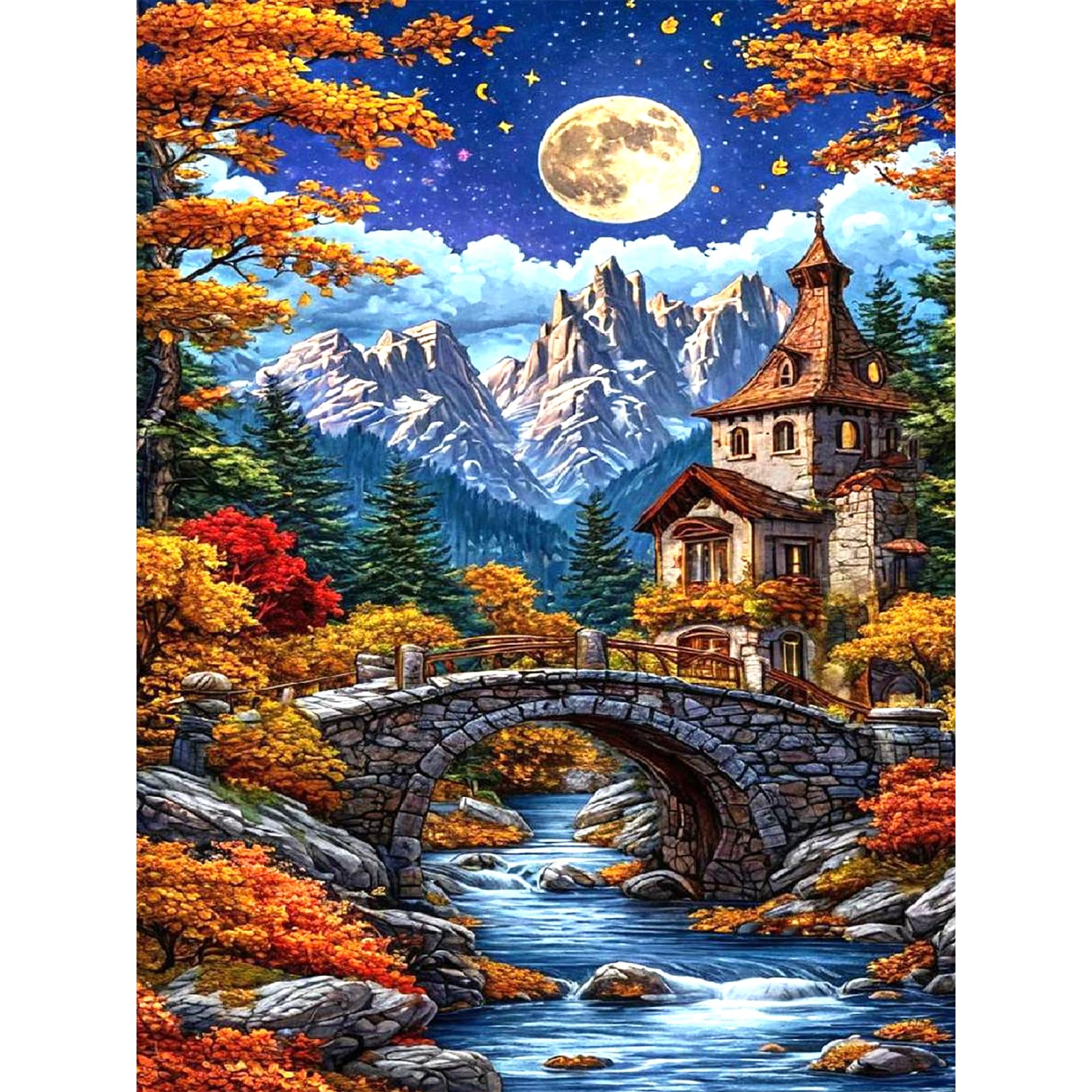 Bowetile Framed Mountain Paint by Numbers for Adults Canvas, Autumn Landscape Painting by Numbers Kit for Beginners Canvas, DIY Color Oil Painting Acrylic Paints for Home Wall Decor30x40cm