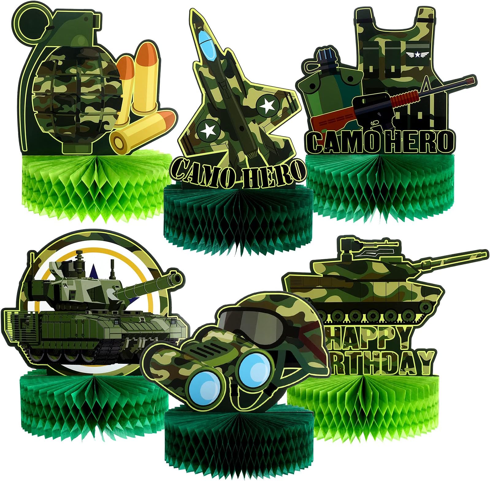 Zonon 6 Pieces Army Military Honeycomb Centerpieces Tank Camouflage Party Decorations Supplies 3D Hero Birthday Theme Cakes Balls Table Topper Photo Props for Boy Girl Soldier Camouflage Baby Shower