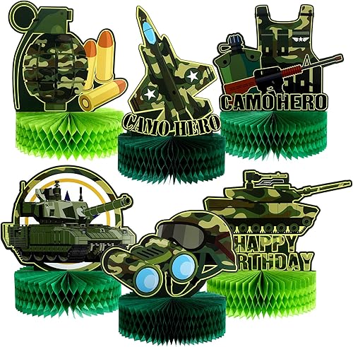 6 piezas de decoración de fiesta de camuflaje militar con temática militar de panal de abeja, decoraciones de cumpleaños de camuflaje, suministros