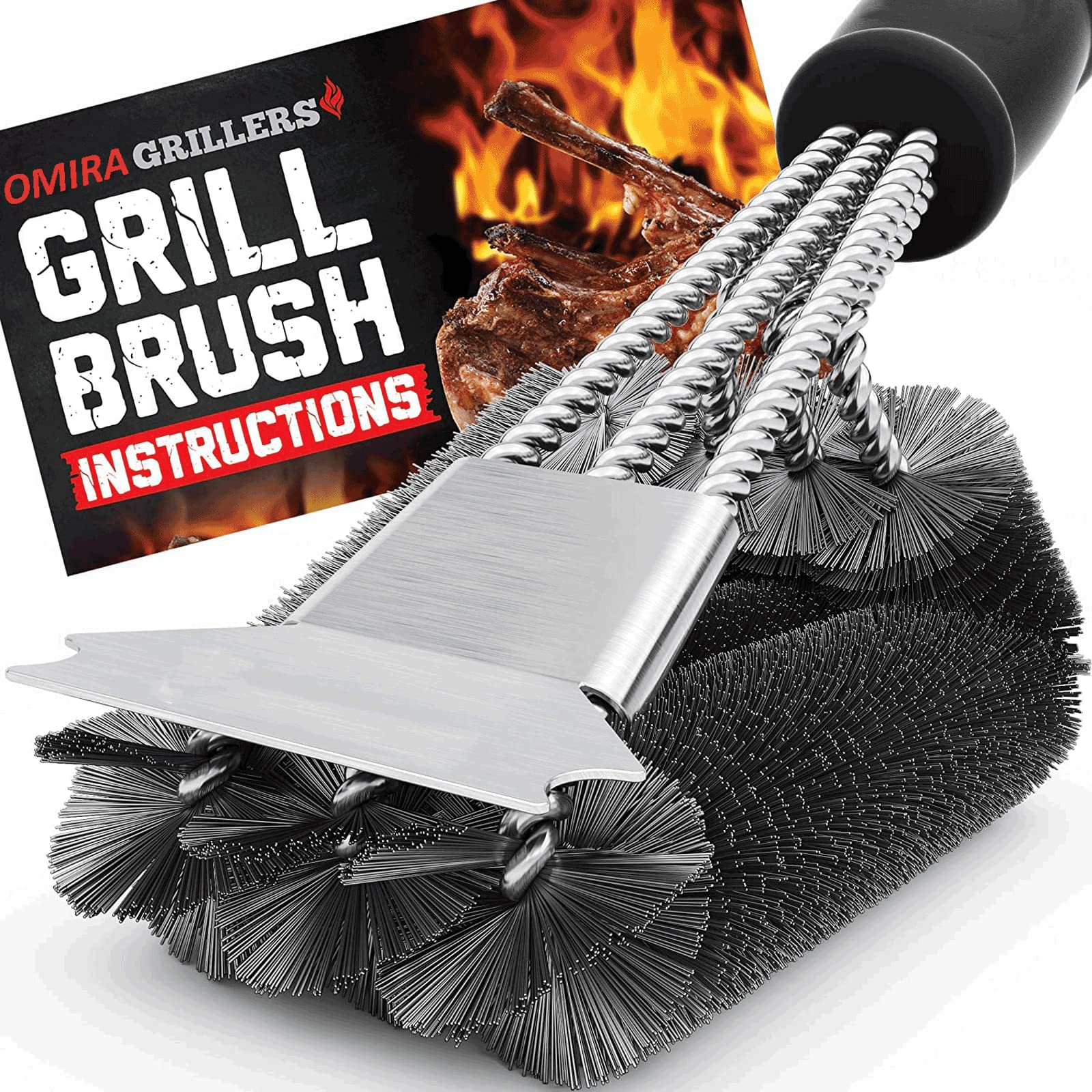 OMIRA Grill Brush and Scraper, BBQ Brush for Grill, Safe Wire Scrubber, Universal Fit BBQ Cleaner Accessories, Grill Grate Cleaner with Deluxe Handle, Best Grill Brush for Grill Cleaning