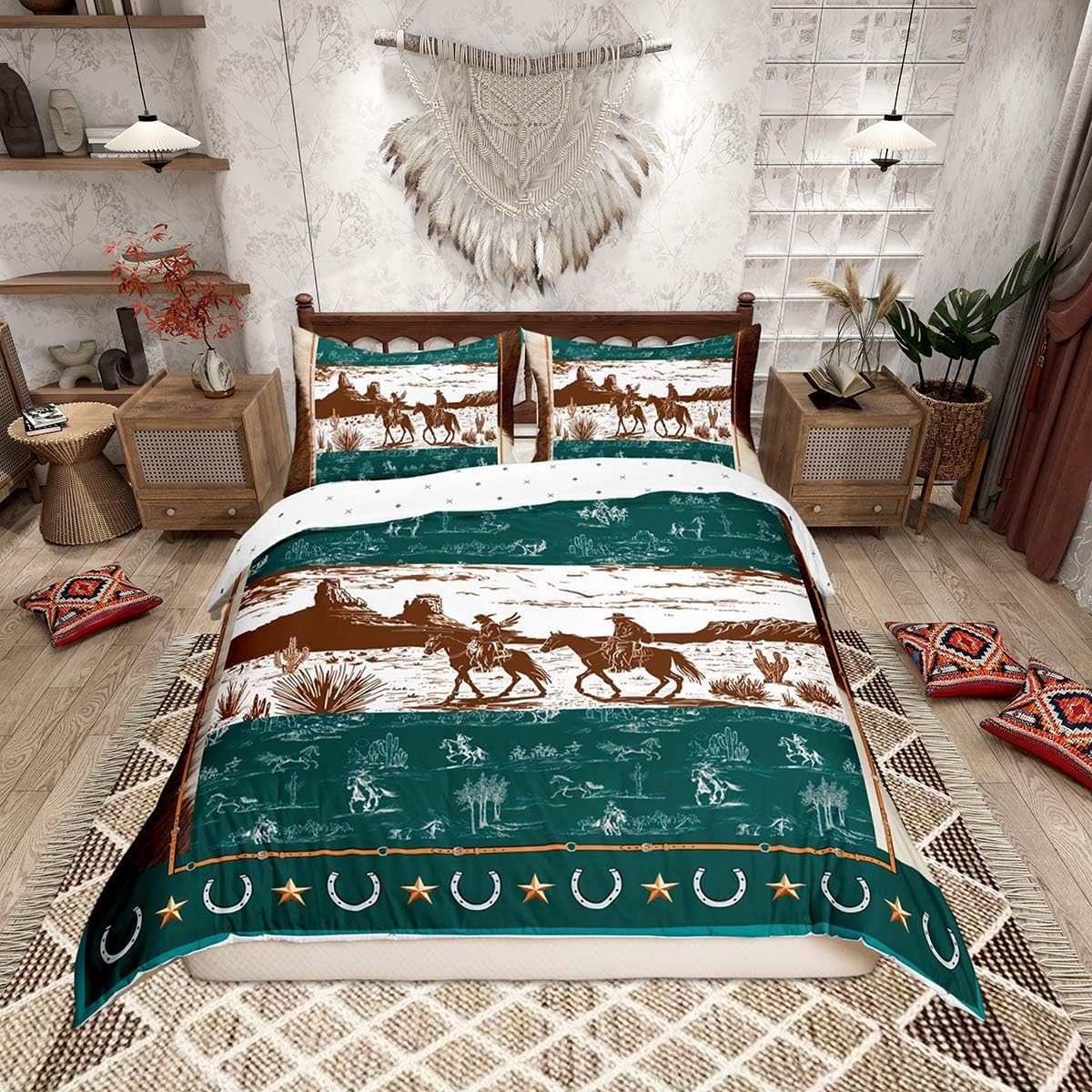 Loussiesd Green Bedding Duvet Cover Set Single Size Wild West Cowboy Bedding Set Horse Desert Rodeo Cowboy Comforter Cover Set for Horseshoes West Texas Star Bedspread Cover 1 Pillow Case โ image 1