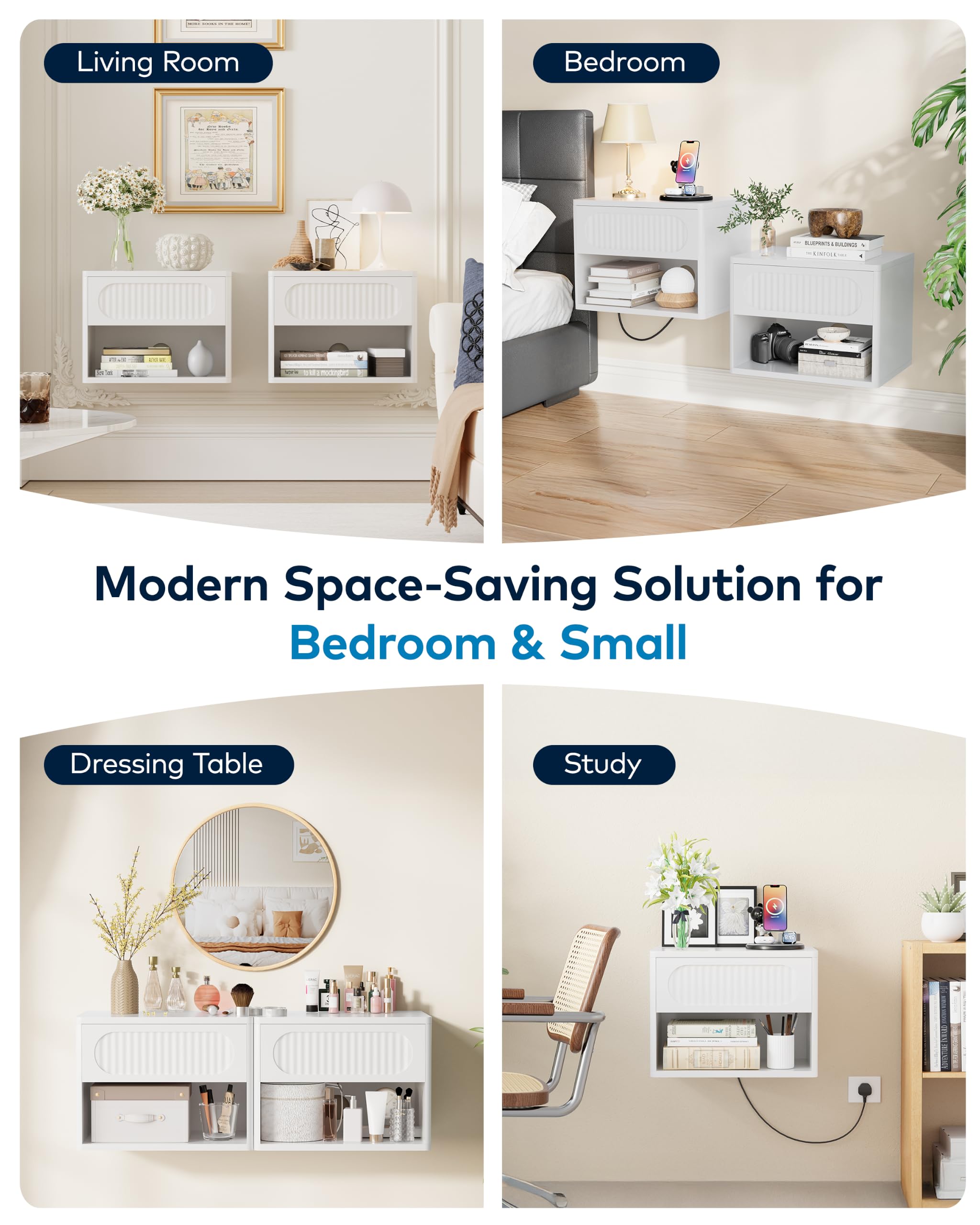 Nachttisch Hängend 2er Set, Nachtschrank Holz, Schwebendes Wandregal, Seitentisch Kleiner Moderner mit Schublade & Offener Raum für Schlafzimmer Wohnzimmer, Weiß
