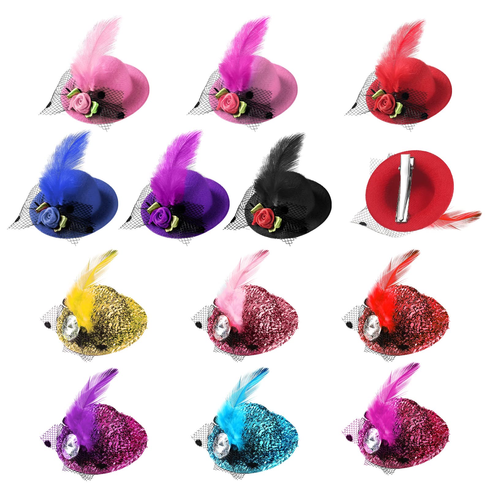 MTLEE 12 Pcs Christmas Mini Tea Party Hats for Girl Dress up Hair Fascinator Clip on Tiny Hat with Flower Feather Bow for Kid Women Costume Accessory, 2.75"