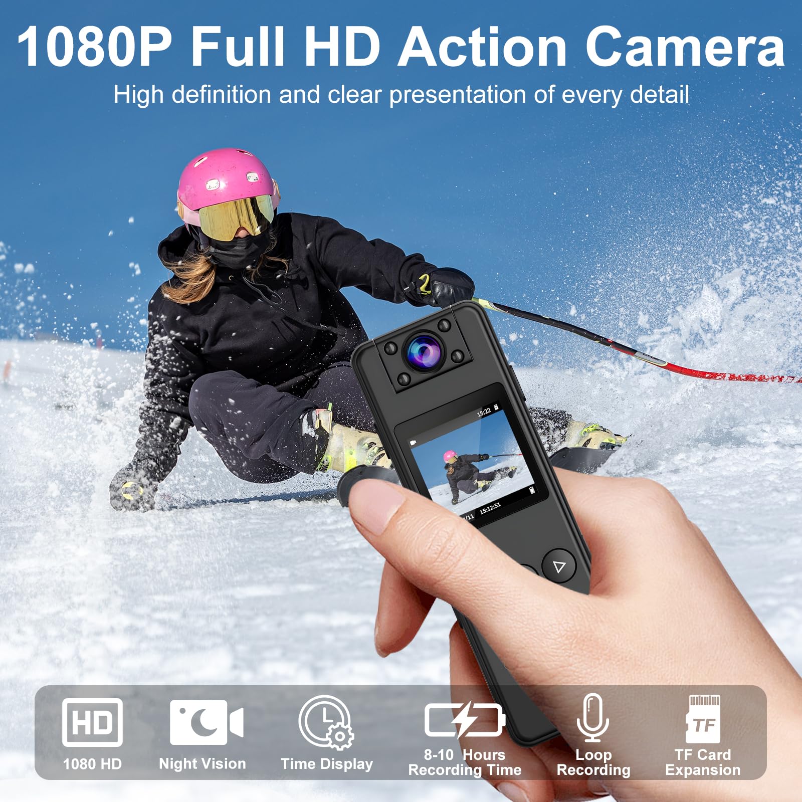 Mini Camara Deportiva, Cámara Corporal con Grabación de Audio y Vídeo,Cámara Accion 1080P con Pantalla 1.3",Lente de 180°,Visión Nocturna,POV Cámara Casco Moto Mini Vlog Camera Video Bodycam