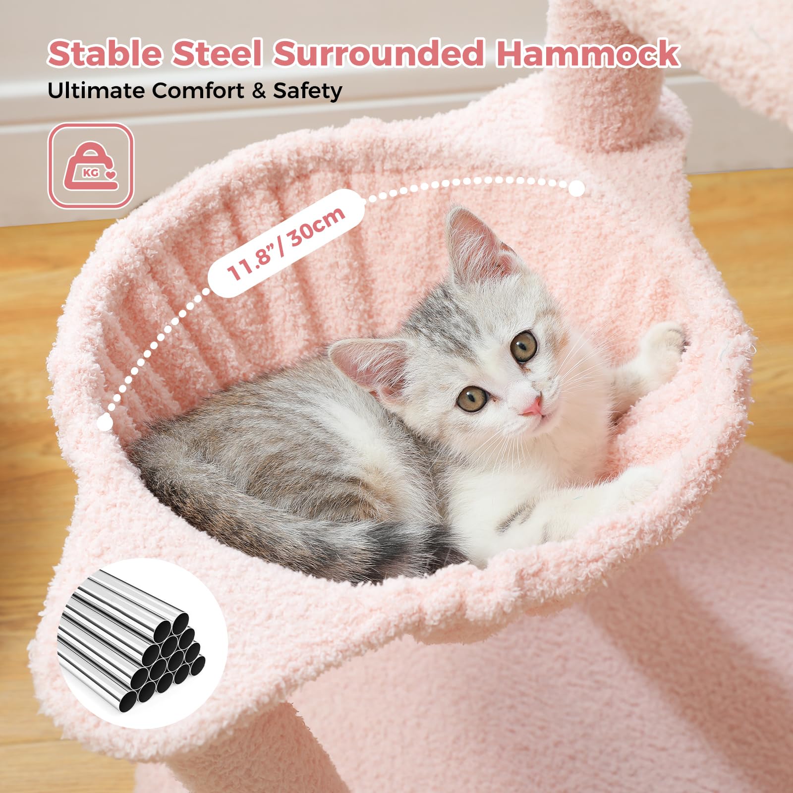 PETEPELA 34.2'' Cat Scracthcing Post, Tall Cat Scratcher with Large Cat Hammock [Dia=30CM], Flamingos Natural Sisal Cat Scratch Post, Pink Small Cat Tree Tower for Indoor Cats&Kittens