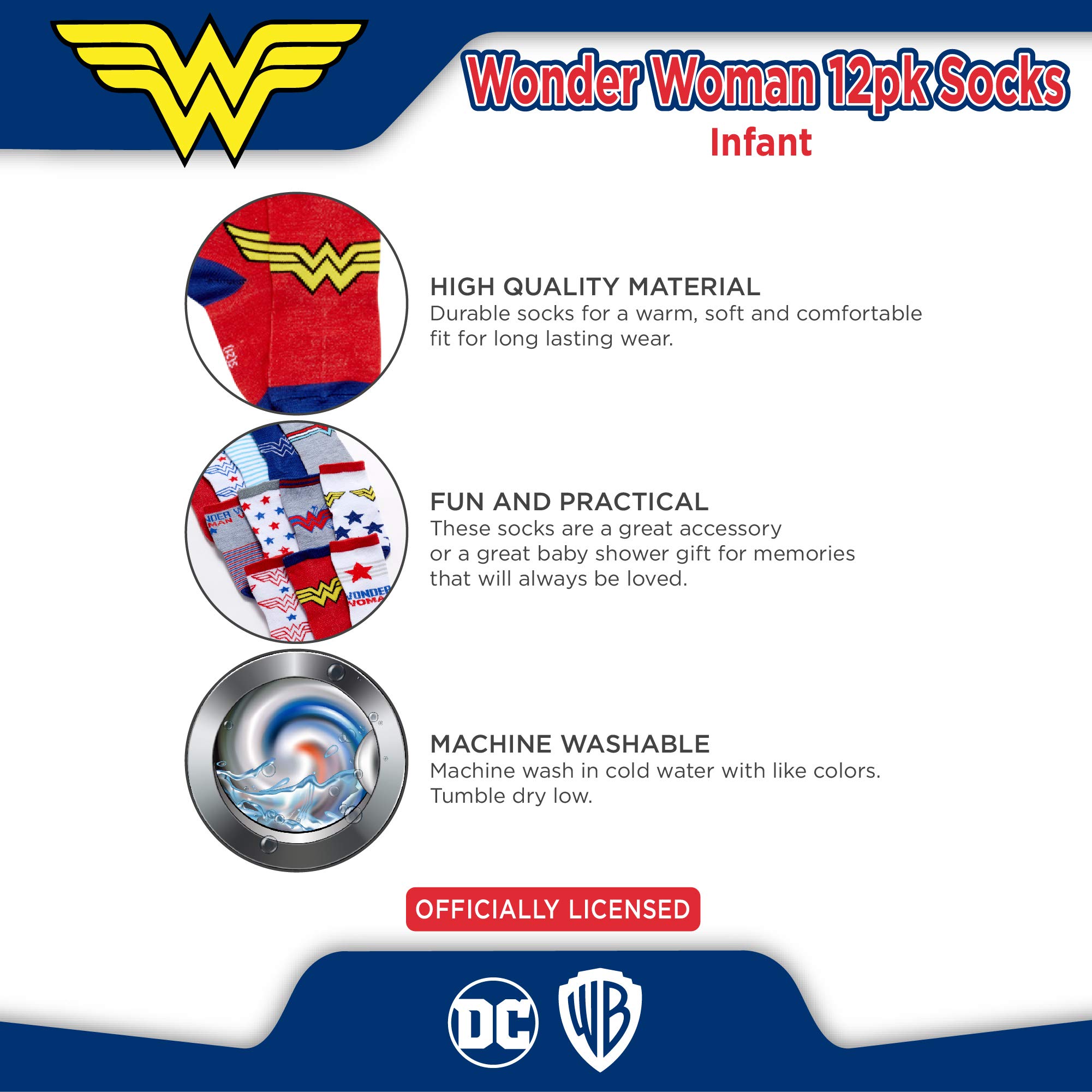DC Comics Infant Girls' Socks - 12 Pack Low Cut Superhero Socks: Bat Girl, Super Girl, Wonder Woman, Size 6-12 Months, Wonder Woman
