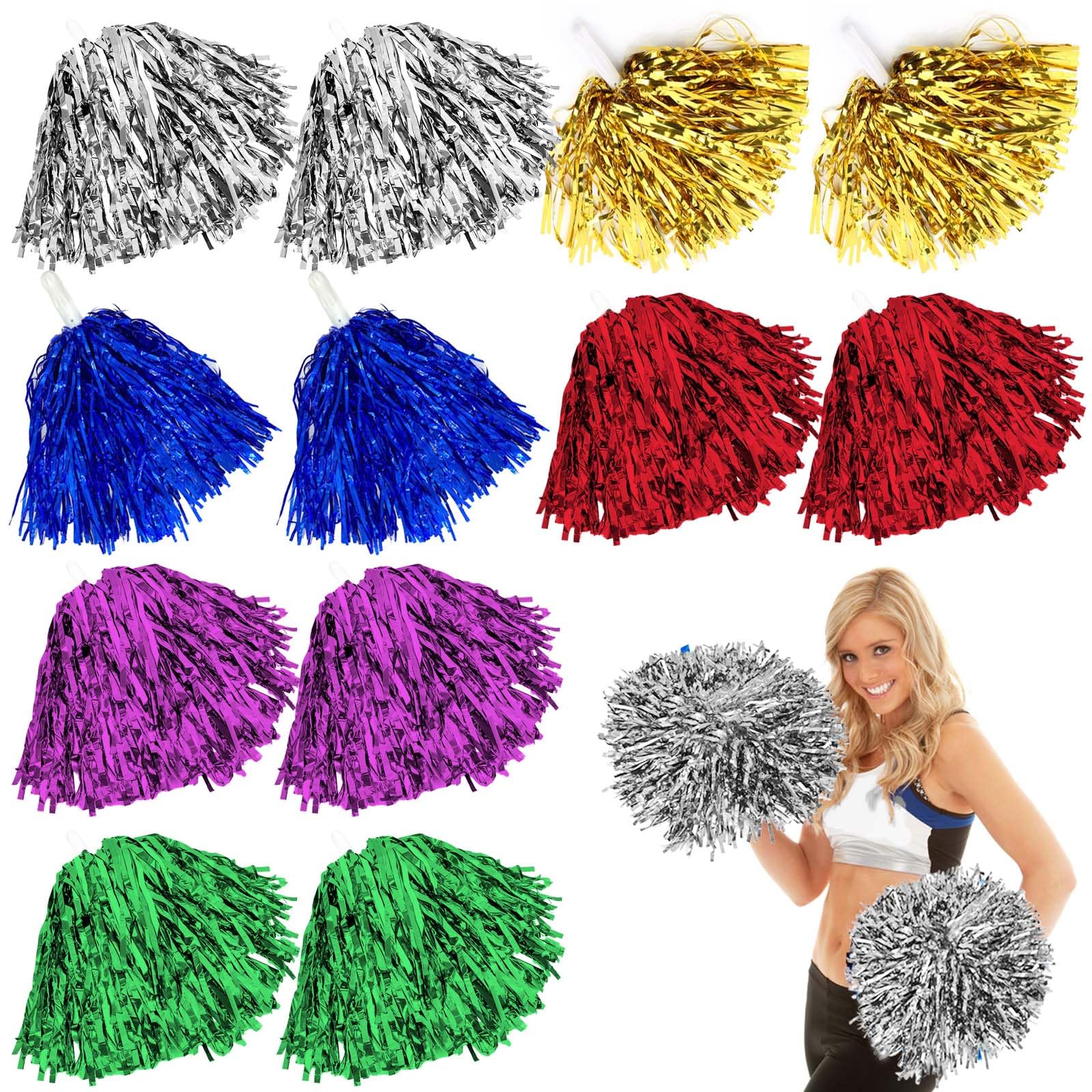 12 pompones de animadoras: pompones de animadora con asas, pompones metálicos claros, bolas de animadoras, bonitas cintas de flores para competencia deportiva, danza, animadoras, adultos, niños
