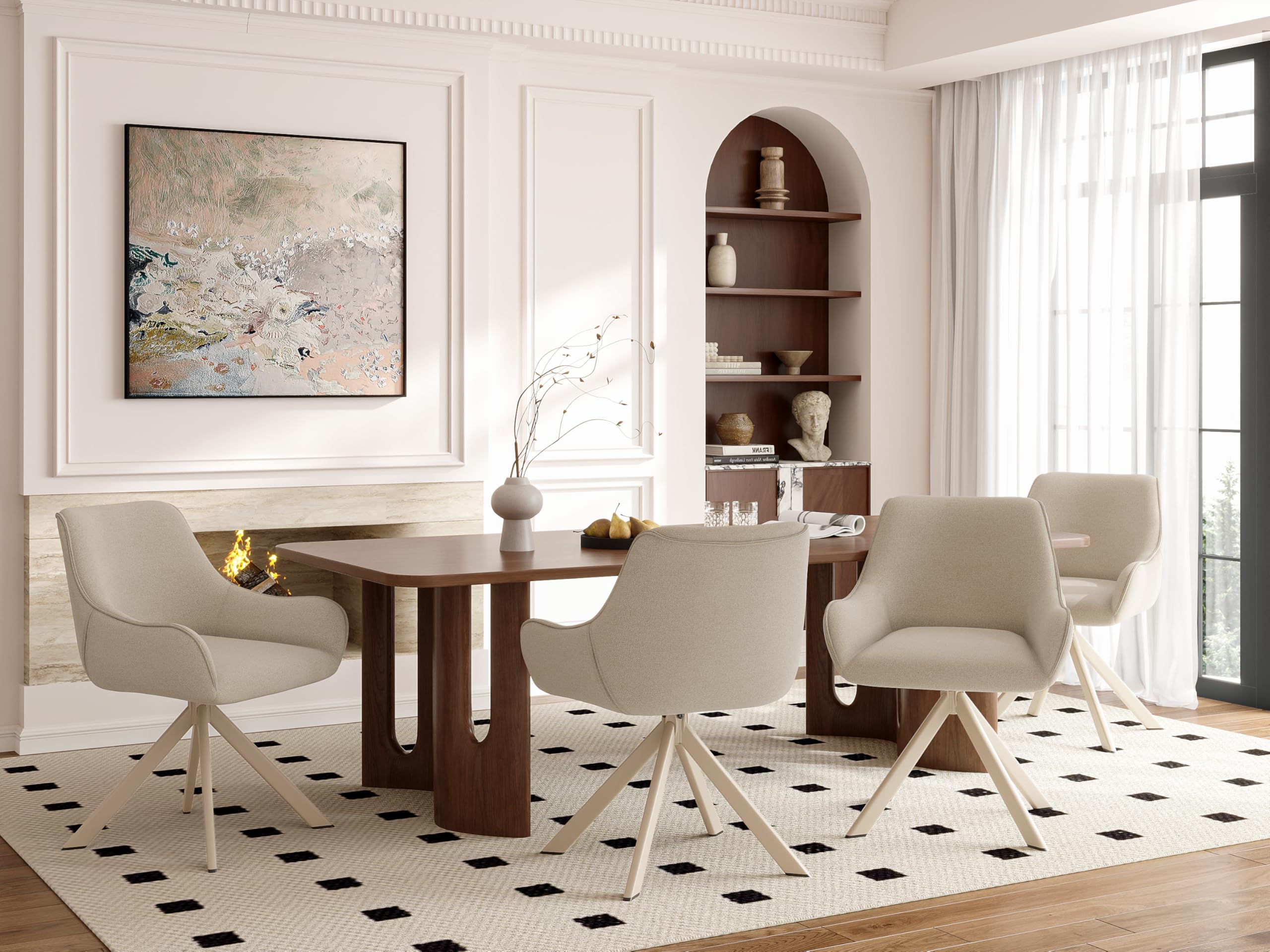 Lot de 6 chaises de salle à manger pivotantes 360° en lin beige avec accoudoirs et structure métal