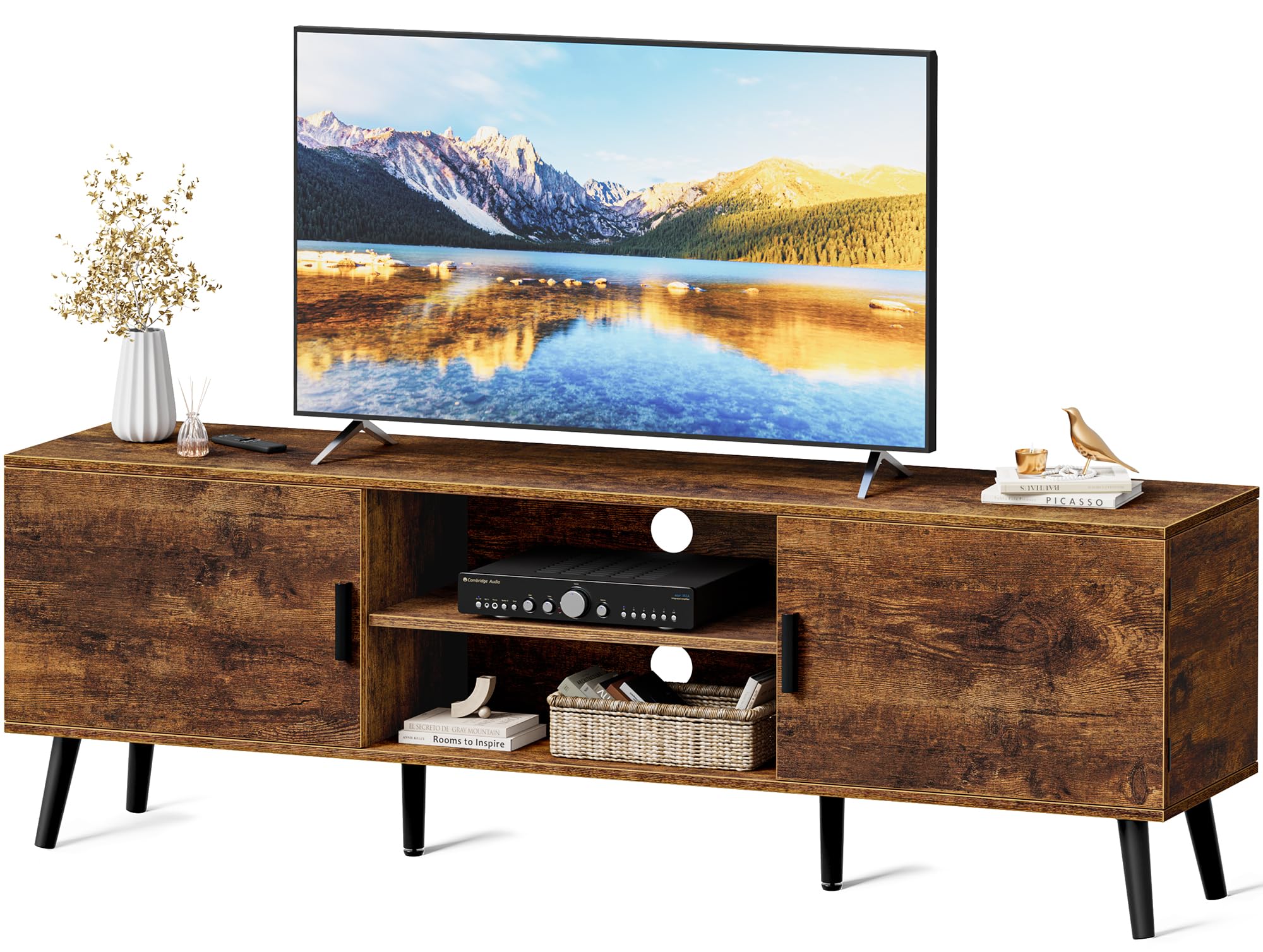 SUPERJARE TV Stand for 55 Inch TV, Entertainment Center with Adjustable Shelf, 2 Cabinets, TV Console Table, Media Console, Solid Wood Feet, Cord Holes, for Living Room, Bedroom, Rustic Brown
