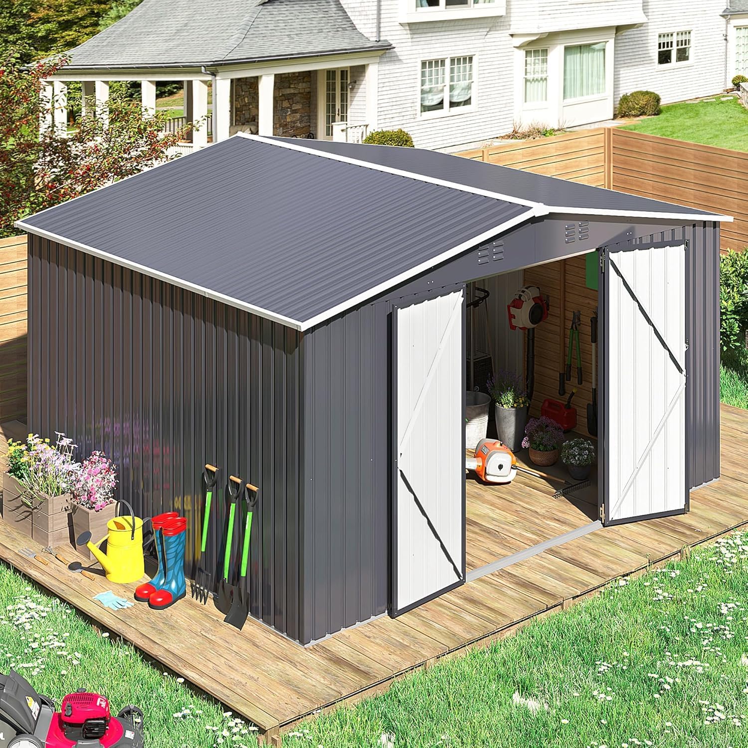 Polar Aurora 8 x 12 FT Outdoor Storage Shed, Metal Garden Shed with Updated Frame Structure, Tool Sheds for Backyard Garden Patio Lawn Black