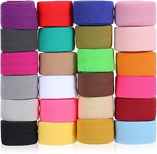 24Pcs 1 Yards Fold Over Elastic Solid Color Trim Elastic, 24 Colors Ribbon Sewing Stretch Ribbon Band for Hair Bow DIY Craft Hair Ties Headbands (Multicolor)