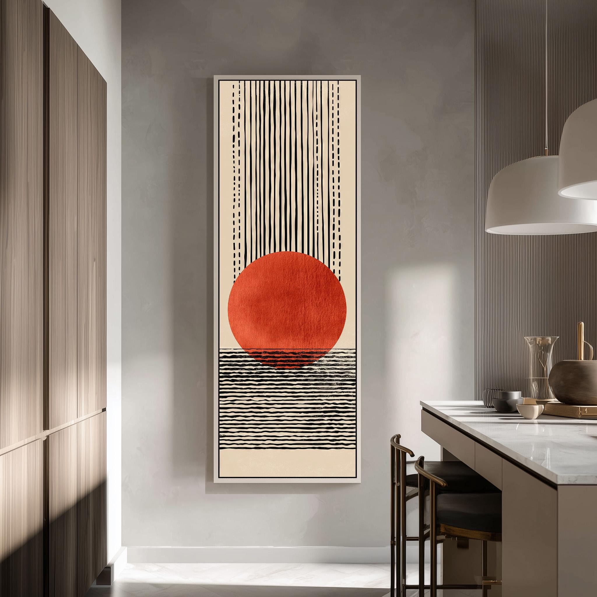 XBTYKPB Lienzo alto y estrecho estilo boho, lienzo geométrico vertical largo con diseño de sol, decoración estrecha de mediados de siglo, estampado terracota, pared retro (35x105cm/marco interior)