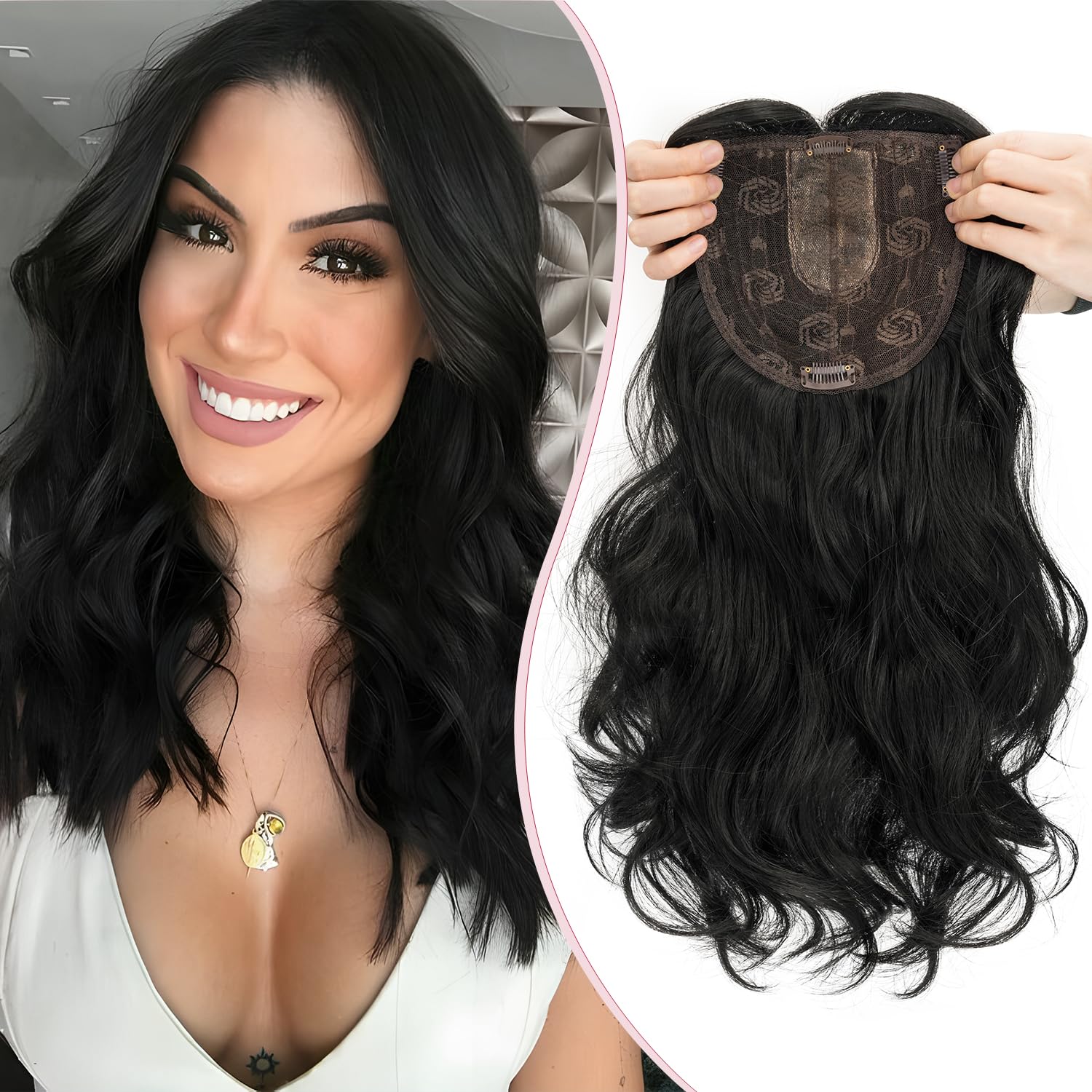 S-noilite Cheveux Synthétiques Topper Wiglet Hair Enhancer avec Frange Droite 4 Clips dans Extensions De Cheveux Fermeture De Cheveux Pièce Postiches, Bouclé Ondulé 45cm Noir foncé