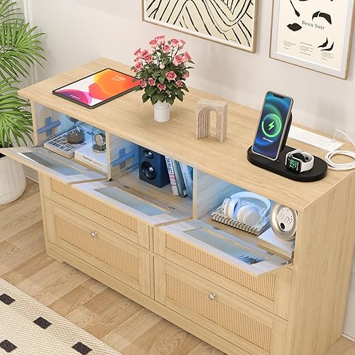 Miniatura 4 de Yeyawomy Cómoda de 7 cajones para dormitorio, cómoda de ratán con luz LED y estación de carga, cómodas y cómodas, cómoda larga de madera para