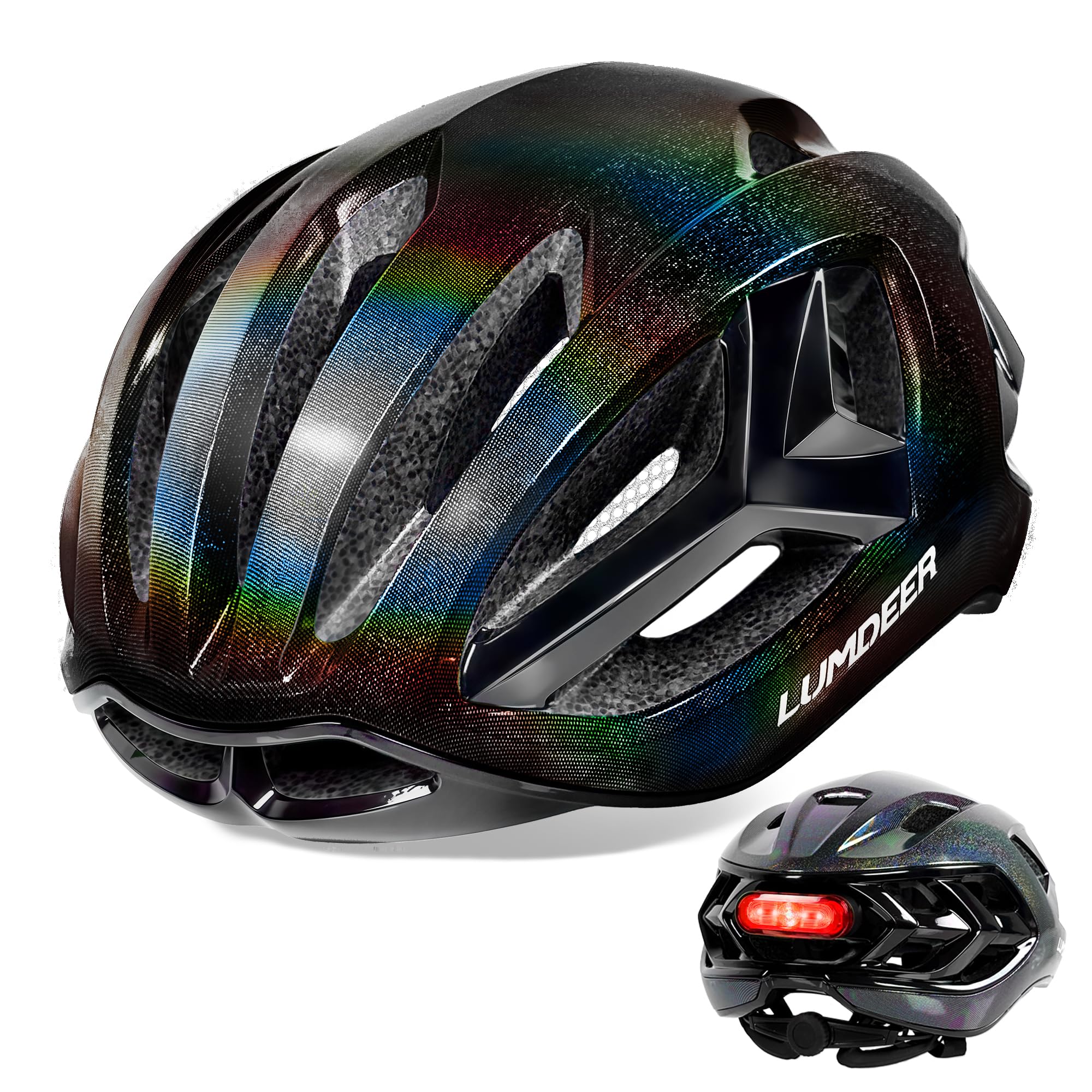 LUMDEER Adult Bike Helmet for Men and Women Road Bicycle Helmet with Magnetic Rear Light & Magnetic Buckle & Insect Protection, Commuter Cycle Helmet with Adjustable Ponytail Hole 57โ62cm Aurora Black