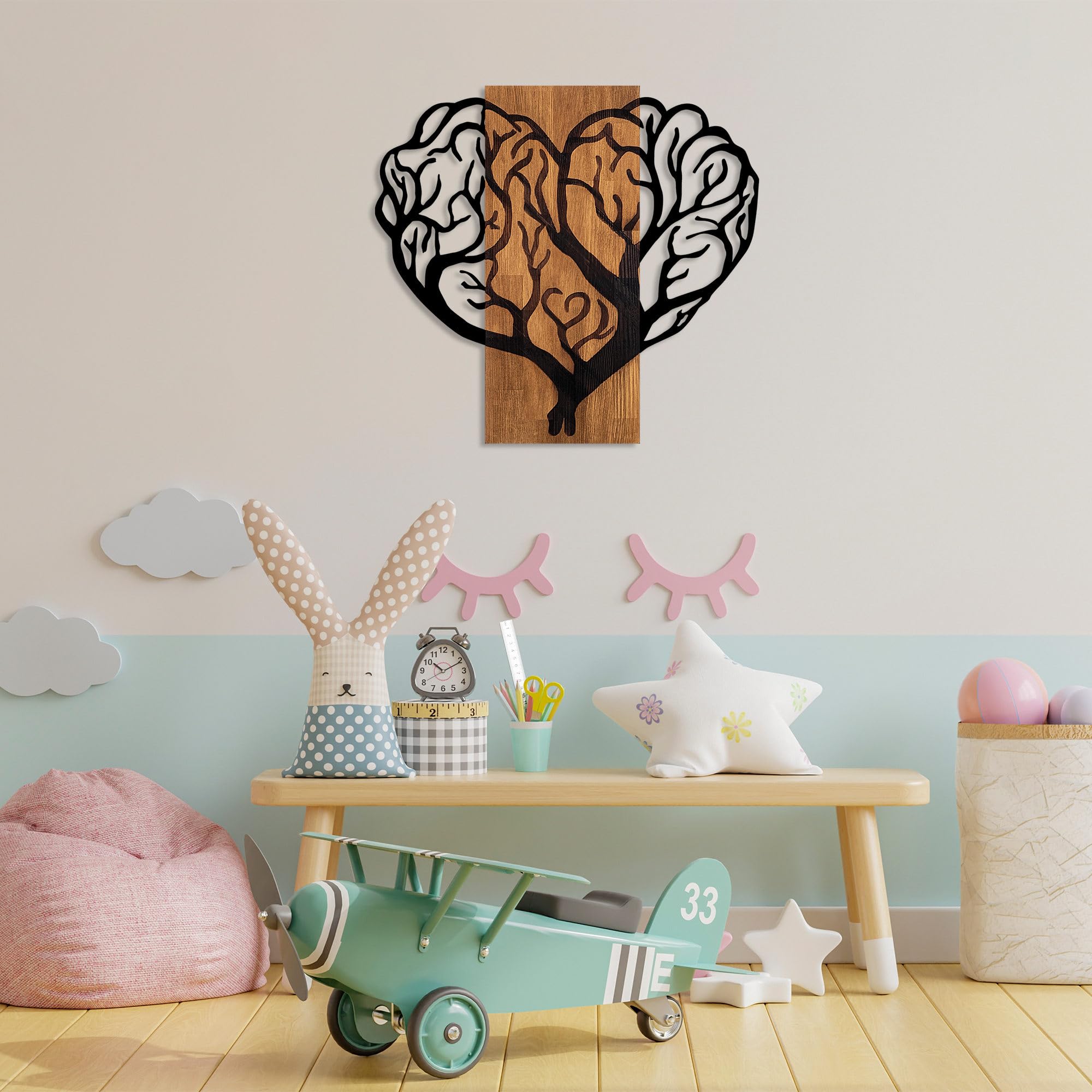 Elegant Decorative Wooden Wall Accessory, Walnut & Black, 58 x 62 cm, 50% Wood (3 cm Thick) and 50% Metal, Unique Design with Natural Variations