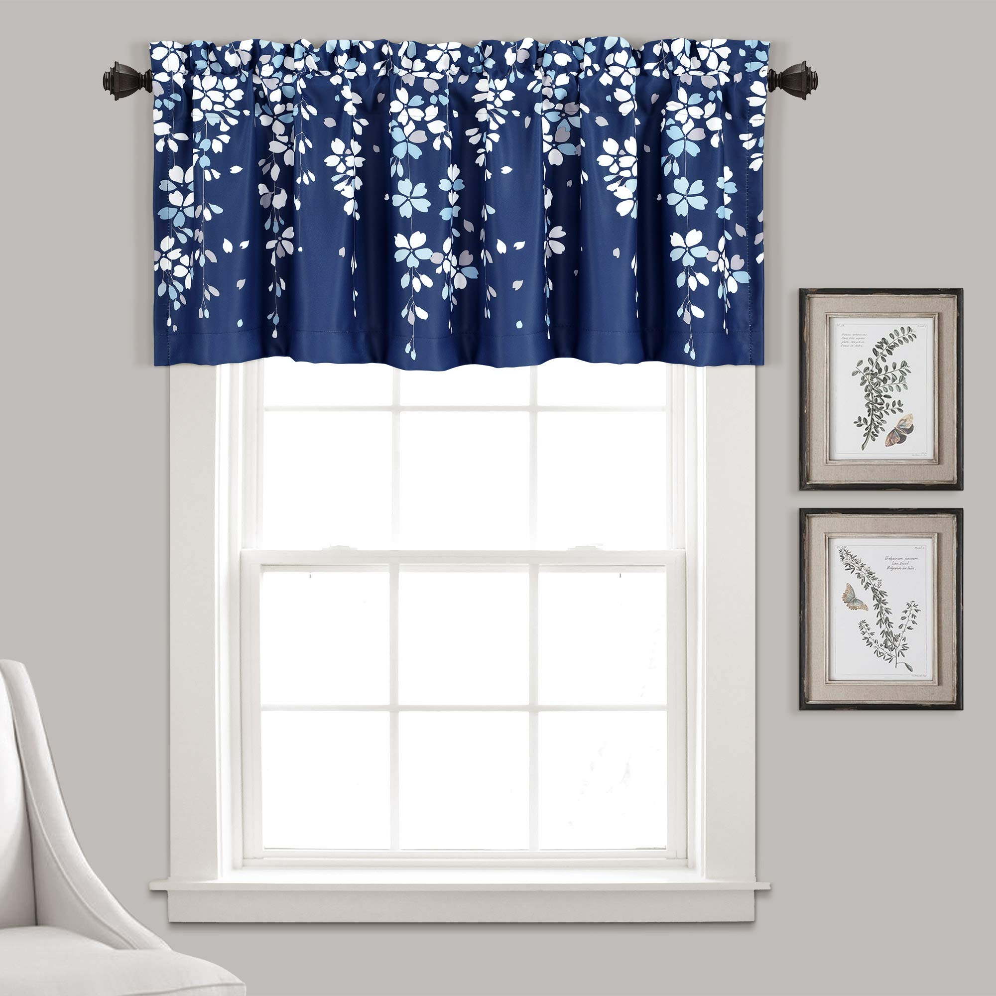 Lush Decor Weeping Flower Room Darkening Window Curtain Valance, Navy, 18" L x 52" W
