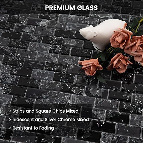 Miniatura 4 de Azulejo de mosaico de vidrio para salpicadero negro y gris de 12 x 12 pulgadas para salpicadero de cocina, baño y ducha (paquete de 5, 5 pies