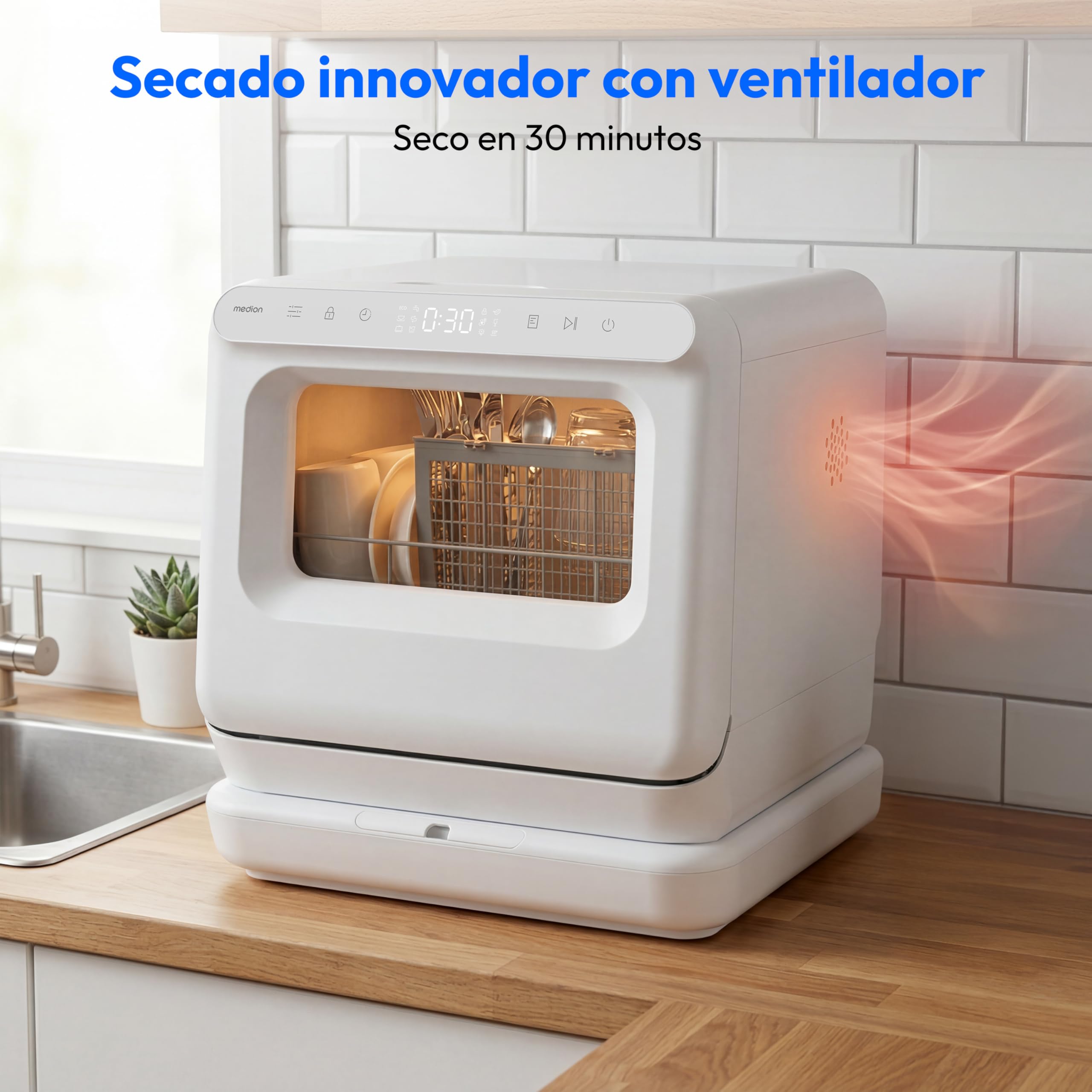 MEDION Mini Lavavajillas DWT30, 3 Servicios, Lavavajillas de Sobremesa, funciona con o sin conexión de agua, 6 Programas, Luz UV, Secado por Aire, Pantalla Táctil, libre instalación, MD370022