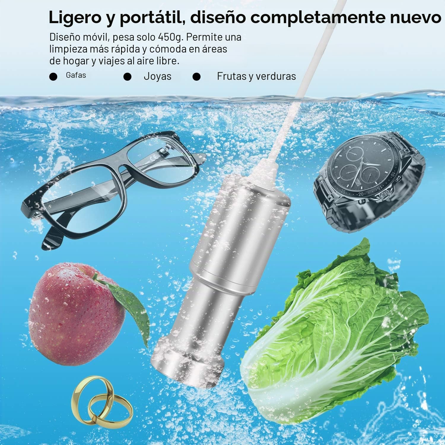 Limpiador ultrasónico portátil, BlumWay Mini limpiador por ultrasonidos en diseño de dos en uno, ideal para verduras y frutas, joyas, vasos, juguetes y ropa, etc.