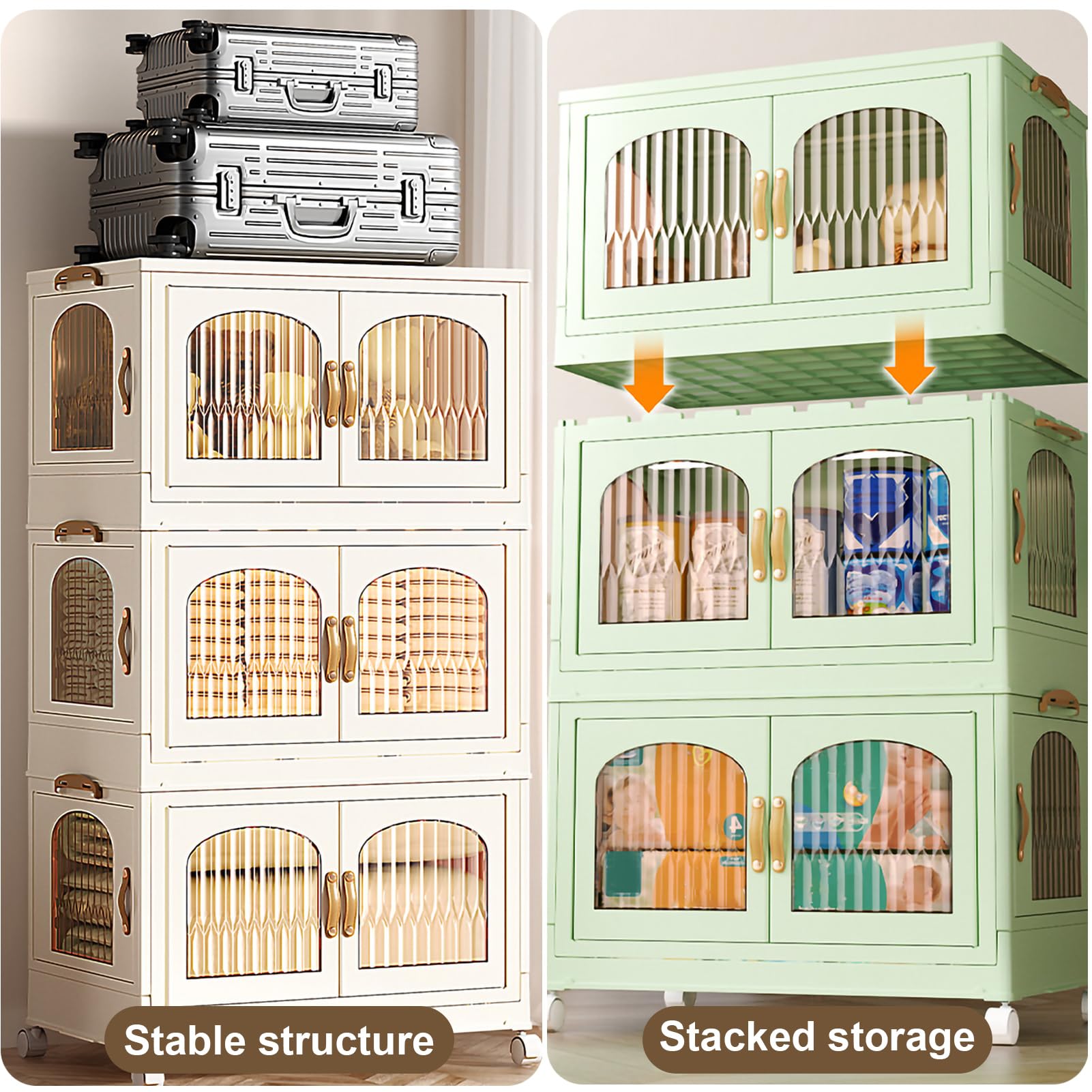 Armario de almacenamiento de plástico de 4 niveles con puertas plegables y ruedas, organizador de contenedores apilable y plegable para cocina, baño y lavadero.
