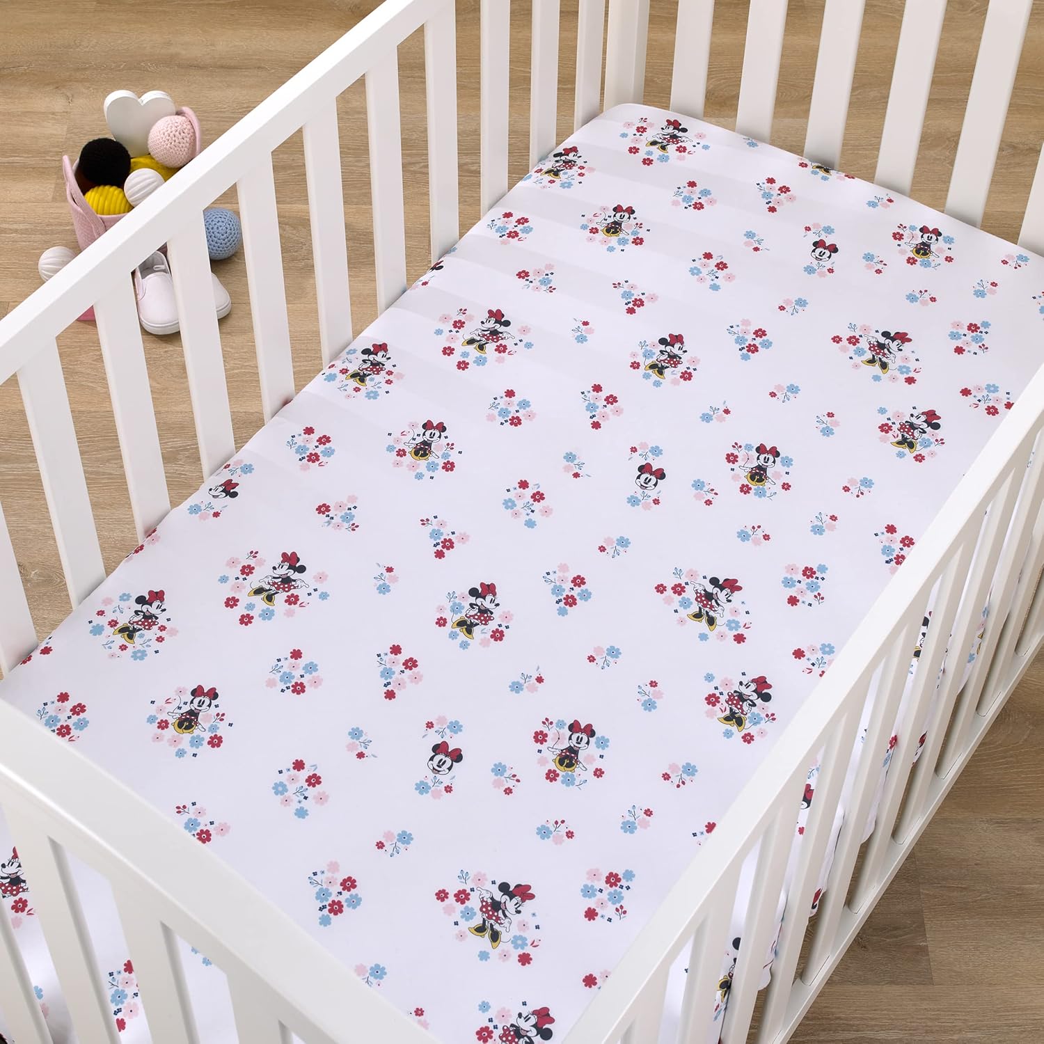 Disney Minnie Mouse - Pink, Blue and White Small Town Floral Nursery Polyester Fitted Crib Sheet