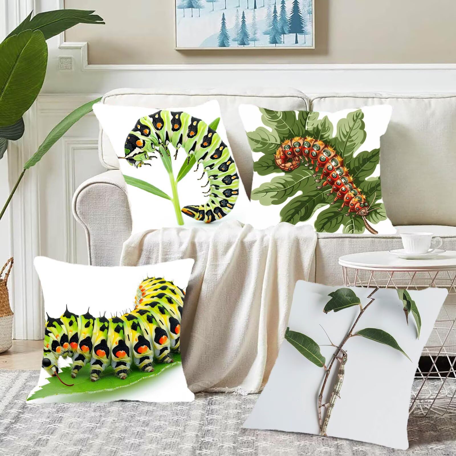 Funda Cojin 70 x 70 mm Juego de 4 Insecto Ultra Suave Doble Costura con Cremallera Oculta, Verde Funda Cojines Exterior Jardin Silla Terraza Sofa Auto Cojines Decorativos para Salón Dormitorio 3-S
