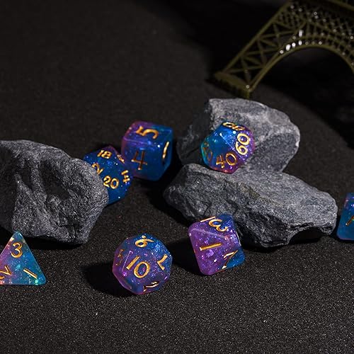 Miniatura 5 de HDdais DND - Juego de dados poliédricos azules rellenos de purpurina para juegos de rol de Calabozos y Dragones y juegos de mesa