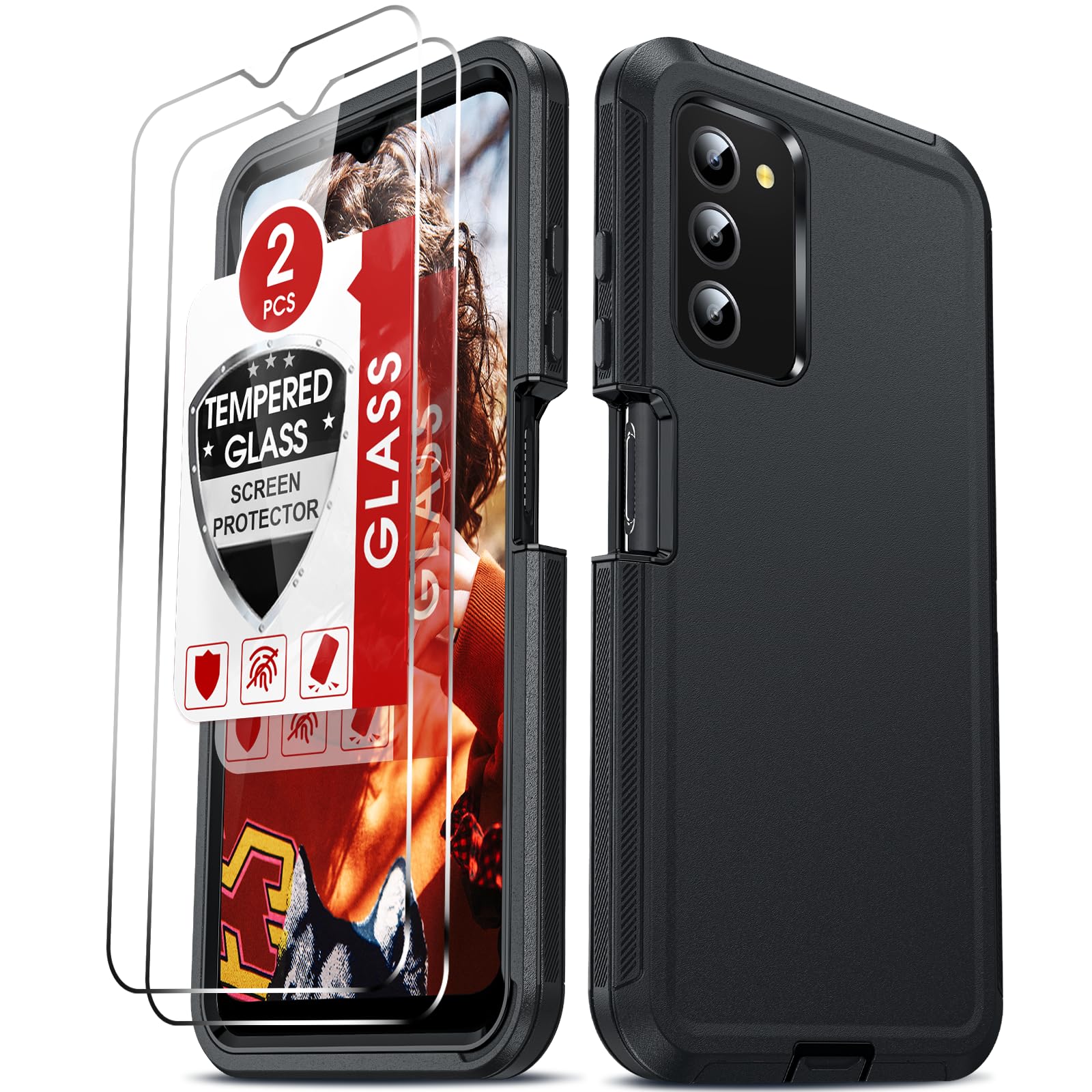 LeYi Compatible for Samsung Galaxy A03S Phone Case: AO3S Case [Not Fit A03/ A03 Coer] with Tempered Glass Screen Protectors, 3 in 1 Full Body Shockproof Rubber Dustproof Rugged Protection Case, Black