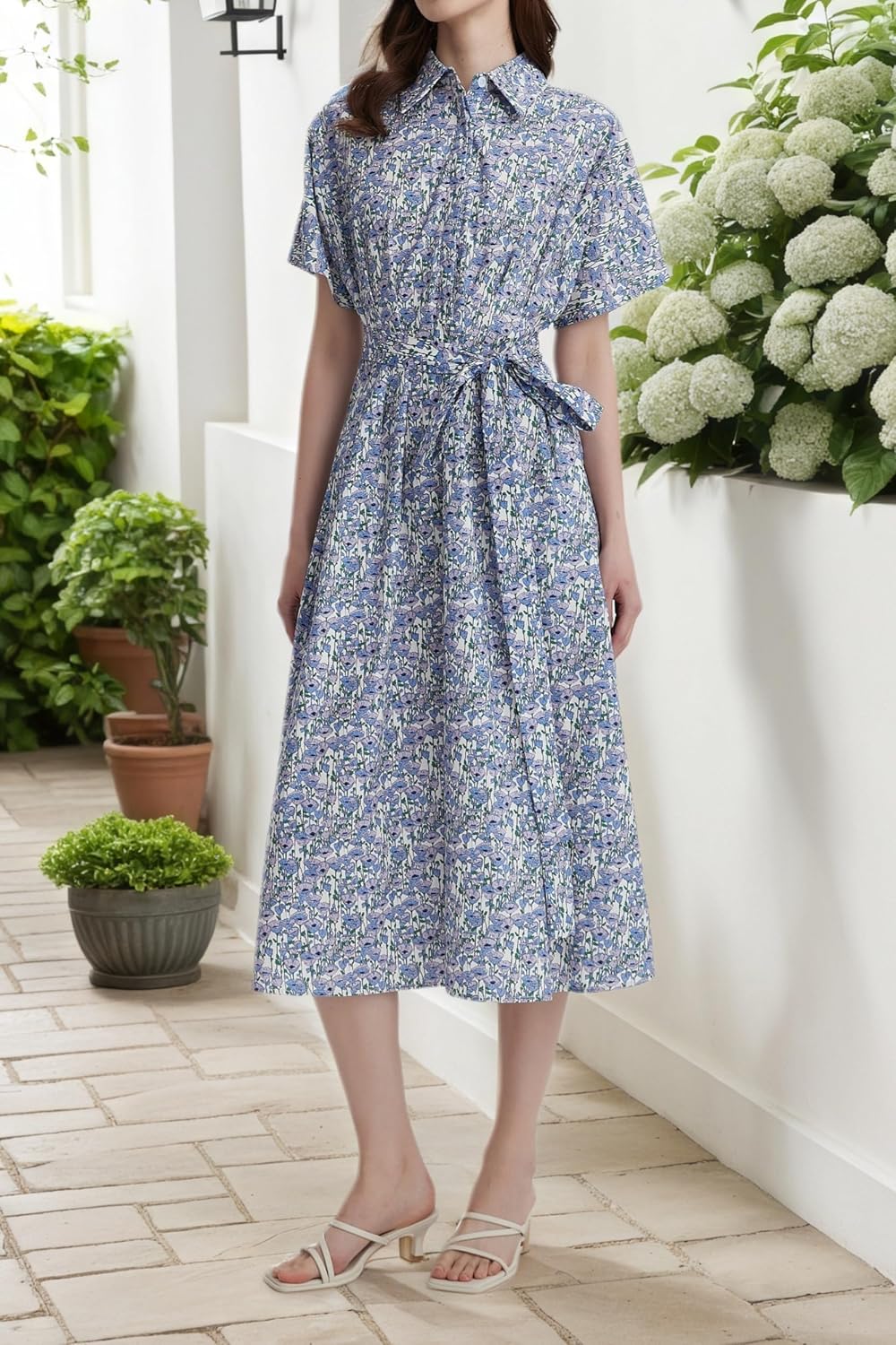 Womens Summer Floral Maxi Dress Short Sleeve V Neck Button Belt Casual Long Flowy Shirt Dress - Image 2